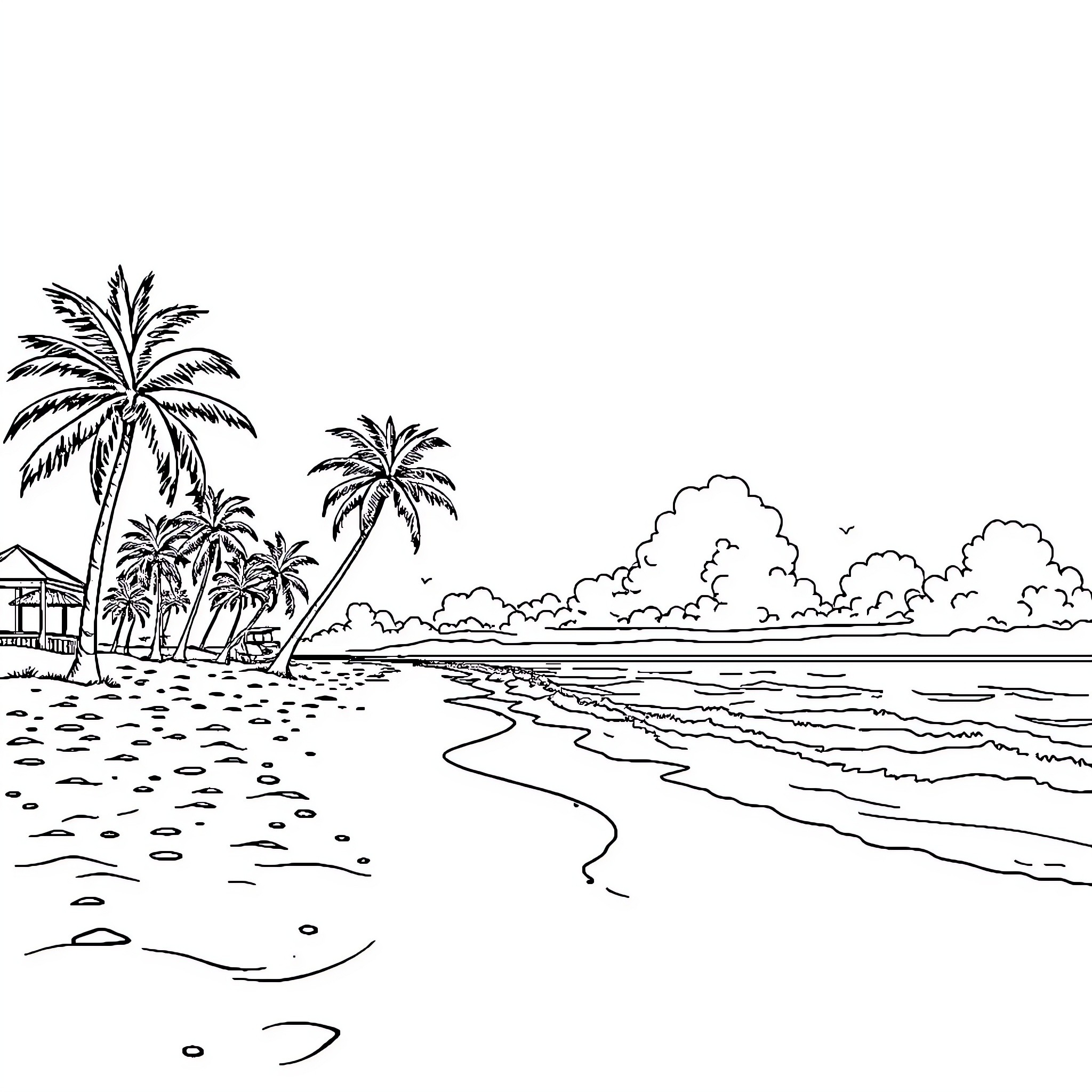 Beach scene with palm trees and ocean waves Coloring Page (free black-and-white line drawing printable PDF for all, from beginners to advanced learners, including children, teens, adults, and seniors)
