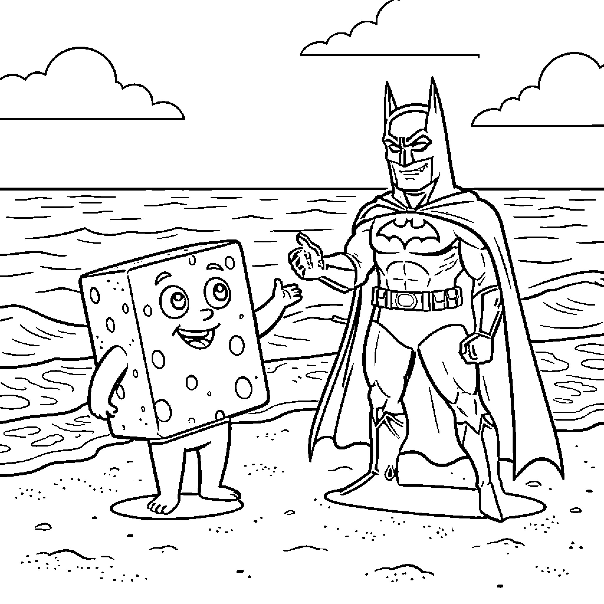Spongebob waving happily at Batman on the beach Coloring Page (free black-and-white line drawing printable PDF for all, from beginners to advanced learners, including children, teens, adults, and seniors)