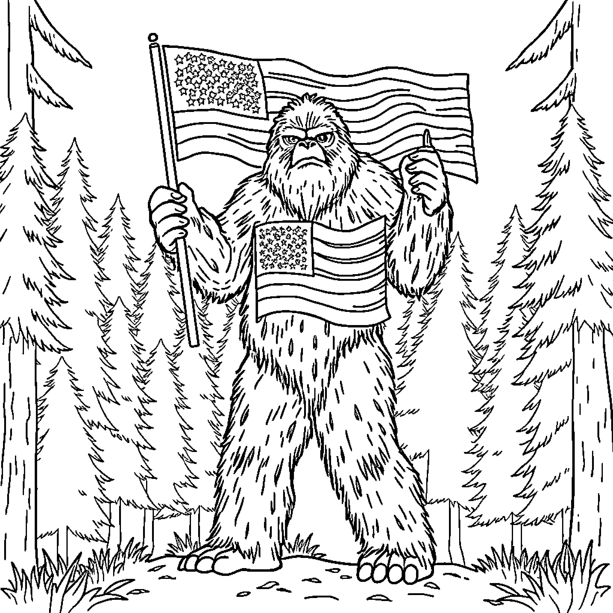 Sasquatch proudly holding the American flag in the wilderness Coloring Page (free black-and-white line drawing printable PDF for all, from beginners to advanced learners, including children, teens, adults, and seniors)