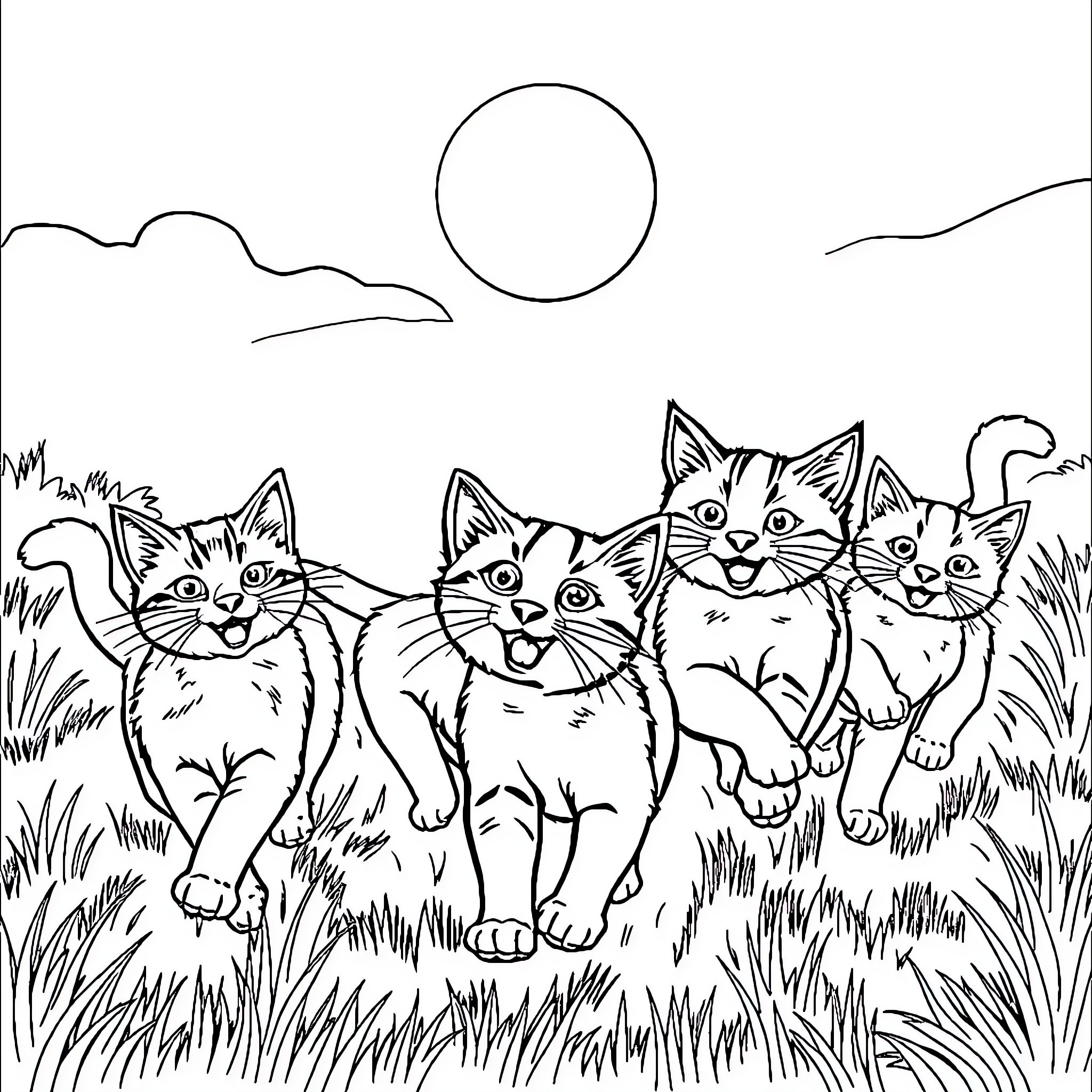 Cat group exploring grassy landscape Coloring Page (free black-and-white line drawing printable PDF for all, from beginners to advanced learners, including children, teens, adults, and seniors)