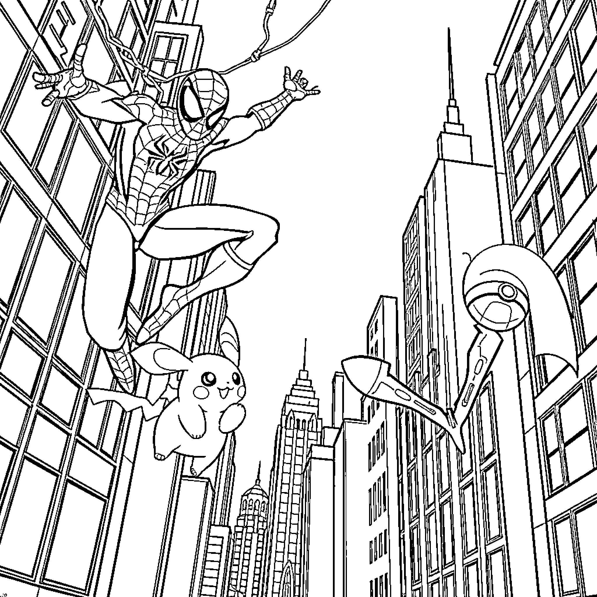 Spider-Man swinging through the city with Pikachu Coloring Page (free black-and-white line drawing printable PDF for all, from beginners to advanced learners, including children, teens, adults, and seniors)