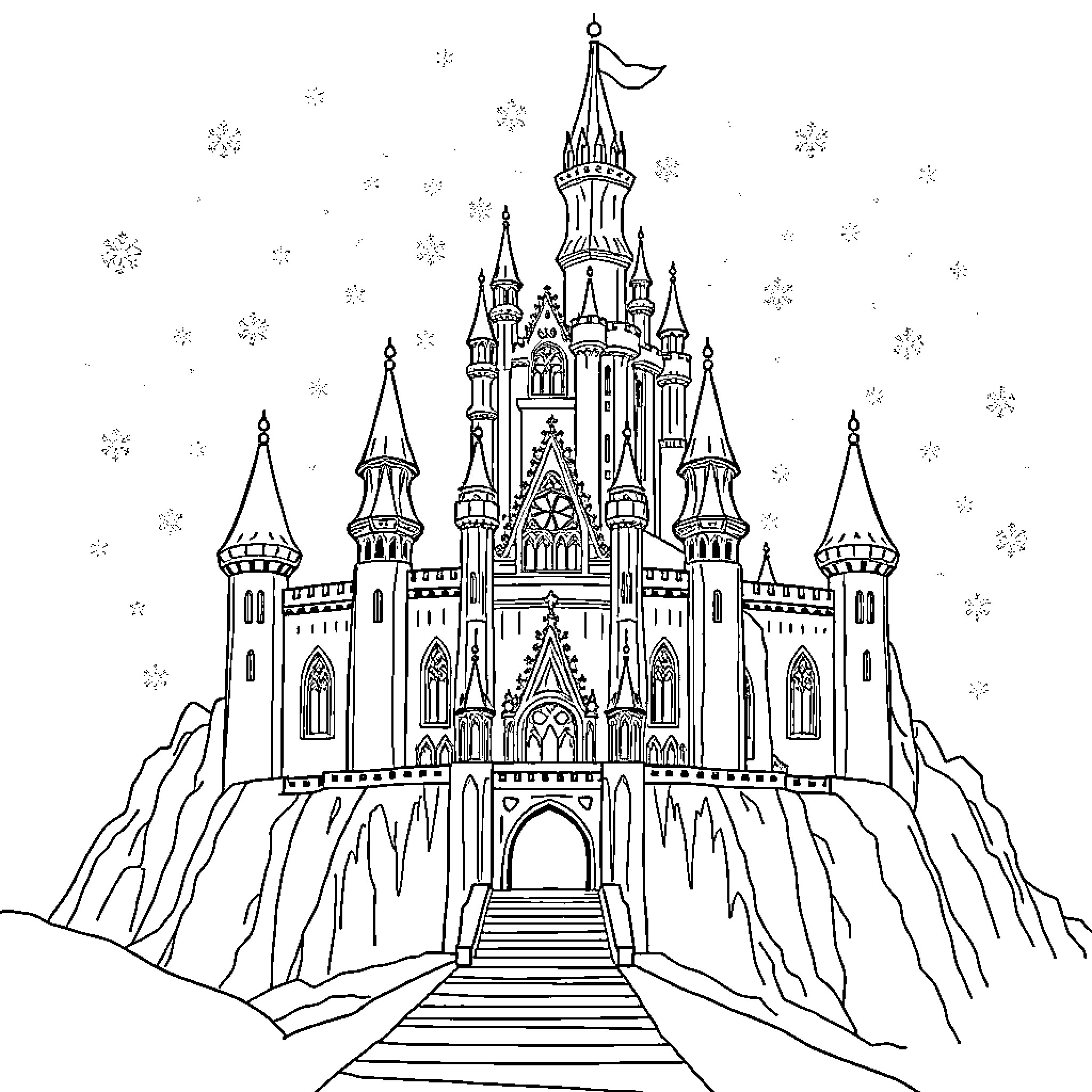 Castle of Enchanting Towers and Turrets Coloring Page (free black-and-white line drawing printable PDF for all, from beginners to advanced learners, including children, teens, adults, and seniors)