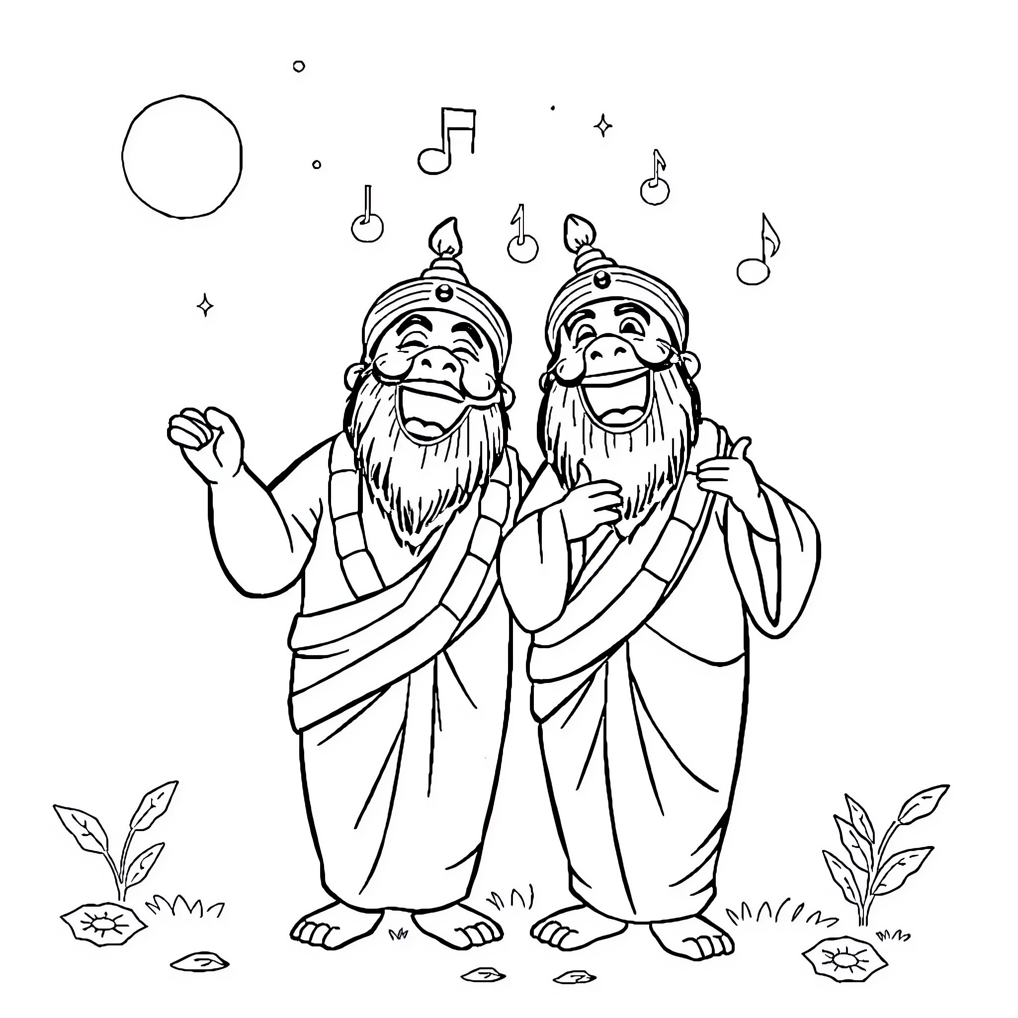 Patum of Singing Mystic Monks in Nature Coloring Page (free black-and-white line drawing printable PDF for all, from beginners to advanced learners, including children, teens, adults, and seniors)