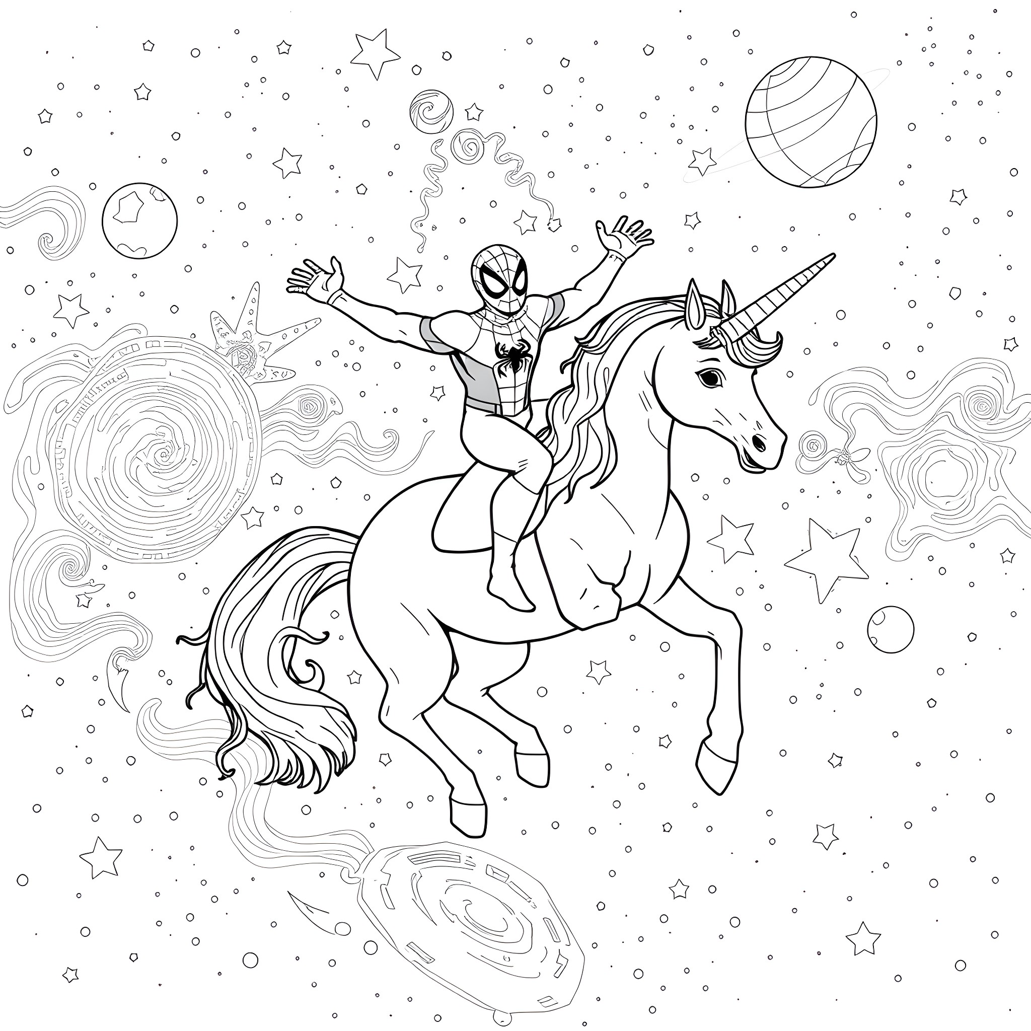 Spider-Man riding a unicorn through the stars Coloring Page (free black-and-white line drawing printable PDF for all, from beginners to advanced learners, including children, teens, adults, and seniors)