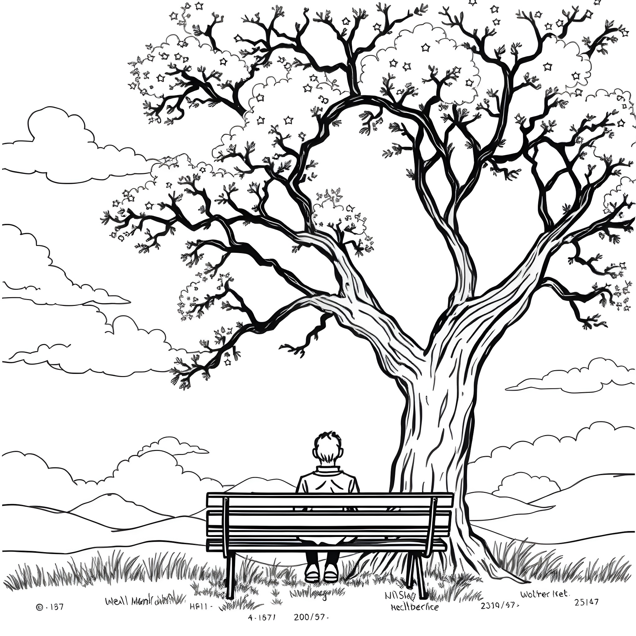Love Beneath the Enchanting Tree Coloring Page (free black-and-white line drawing printable PDF for all, from beginners to advanced learners, including children, teens, adults, and seniors)