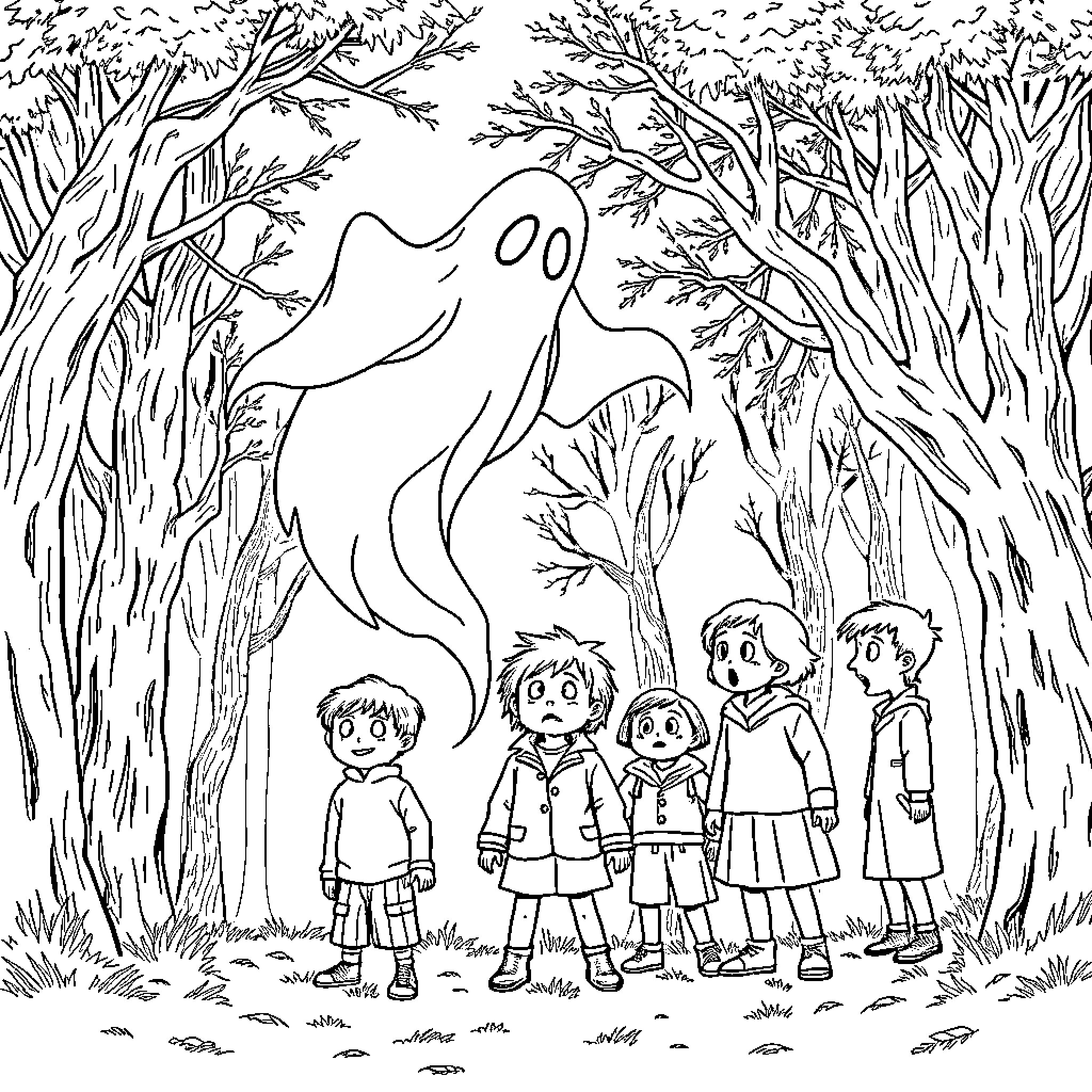 Ghost scaring children in the haunted forest Coloring Page (free black-and-white line drawing printable PDF for all, from beginners to advanced learners, including children, teens, adults, and seniors)