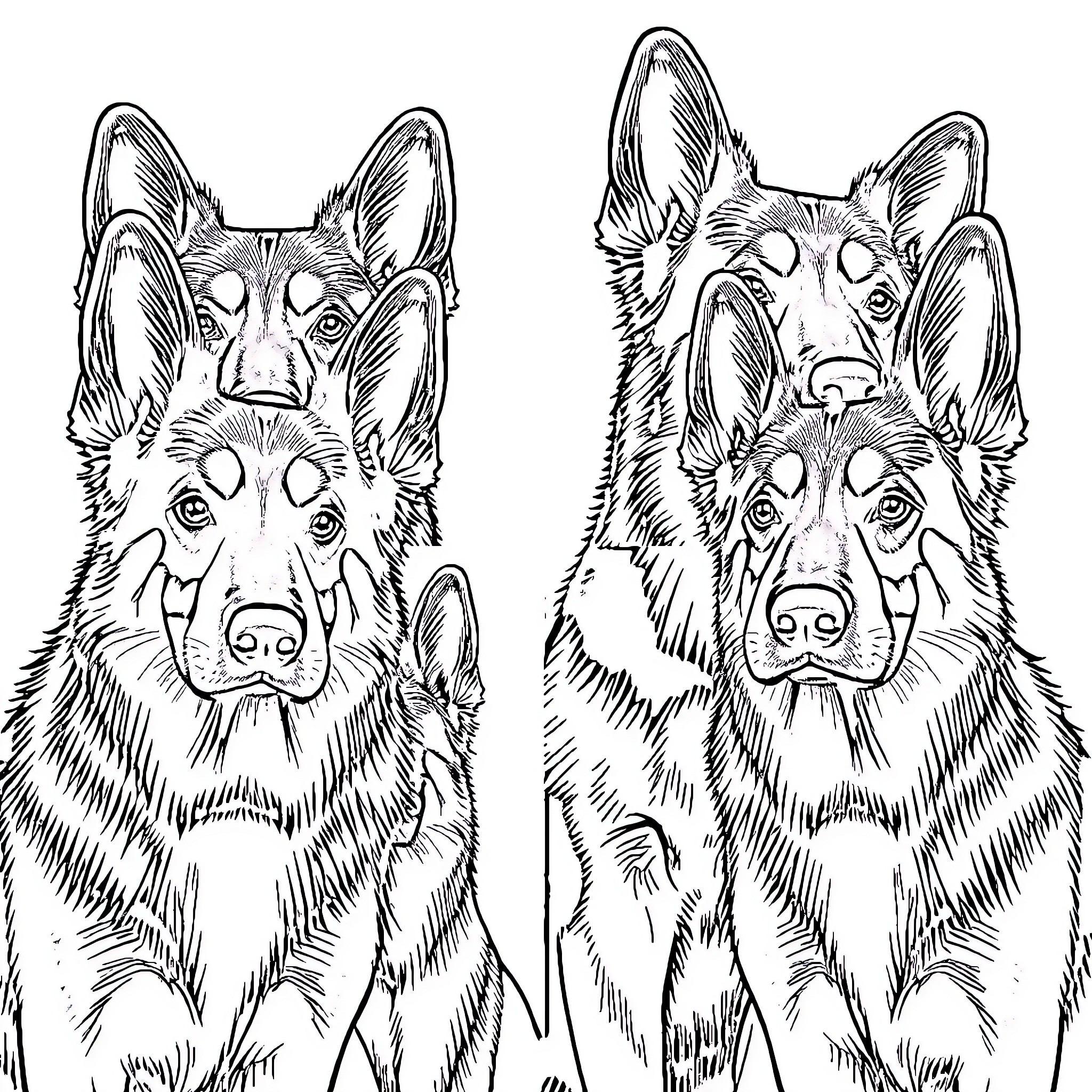 German Shepherd dogs in a sketch illustration Coloring Page (free black-and-white line drawing printable PDF for all, from beginners to advanced learners, including children, teens, adults, and seniors)