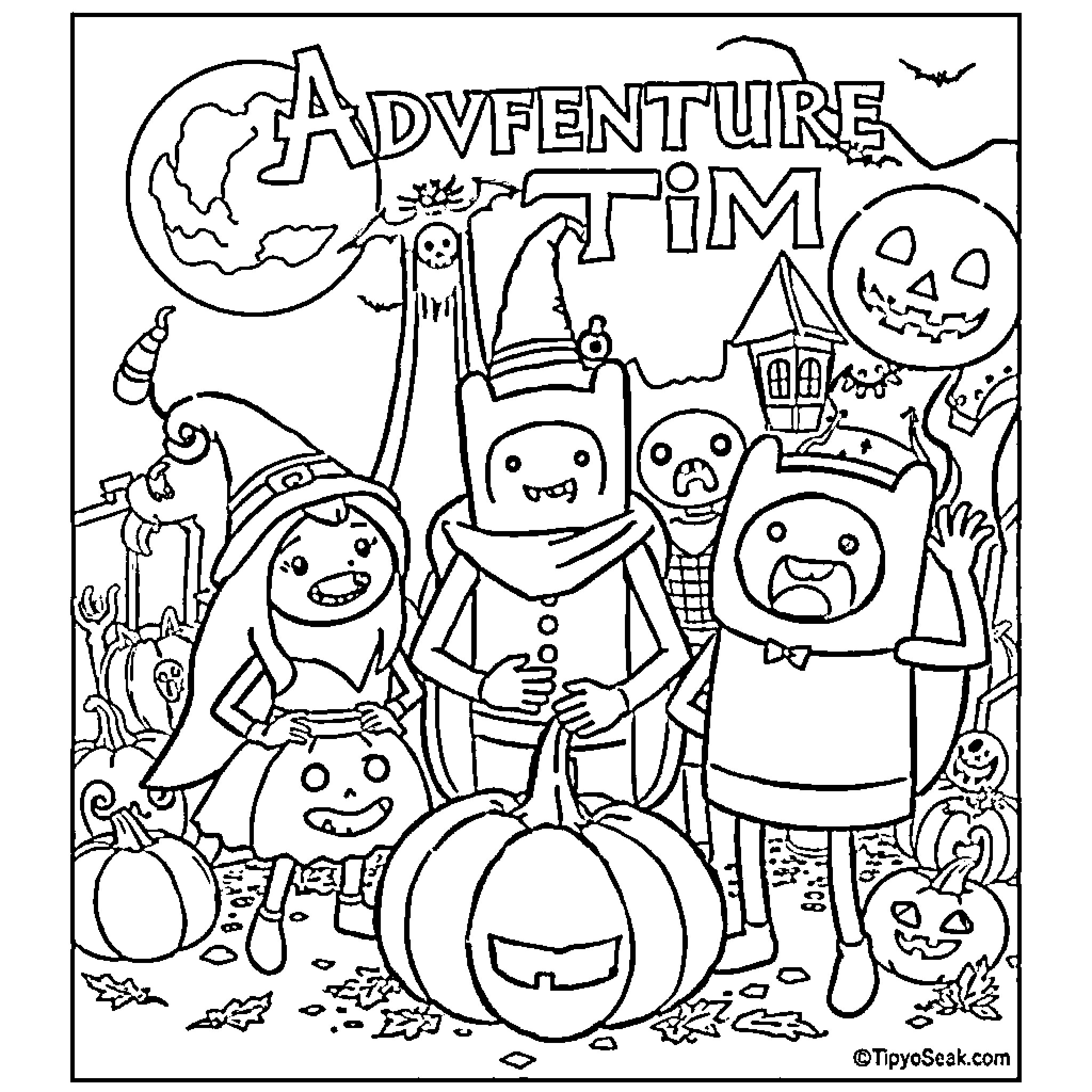 Adventure Time with Spooky Characters and Halloween Scenes Coloring Page (free black-and-white line drawing printable PDF for all, from beginners to advanced learners, including children, teens, adults, and seniors)