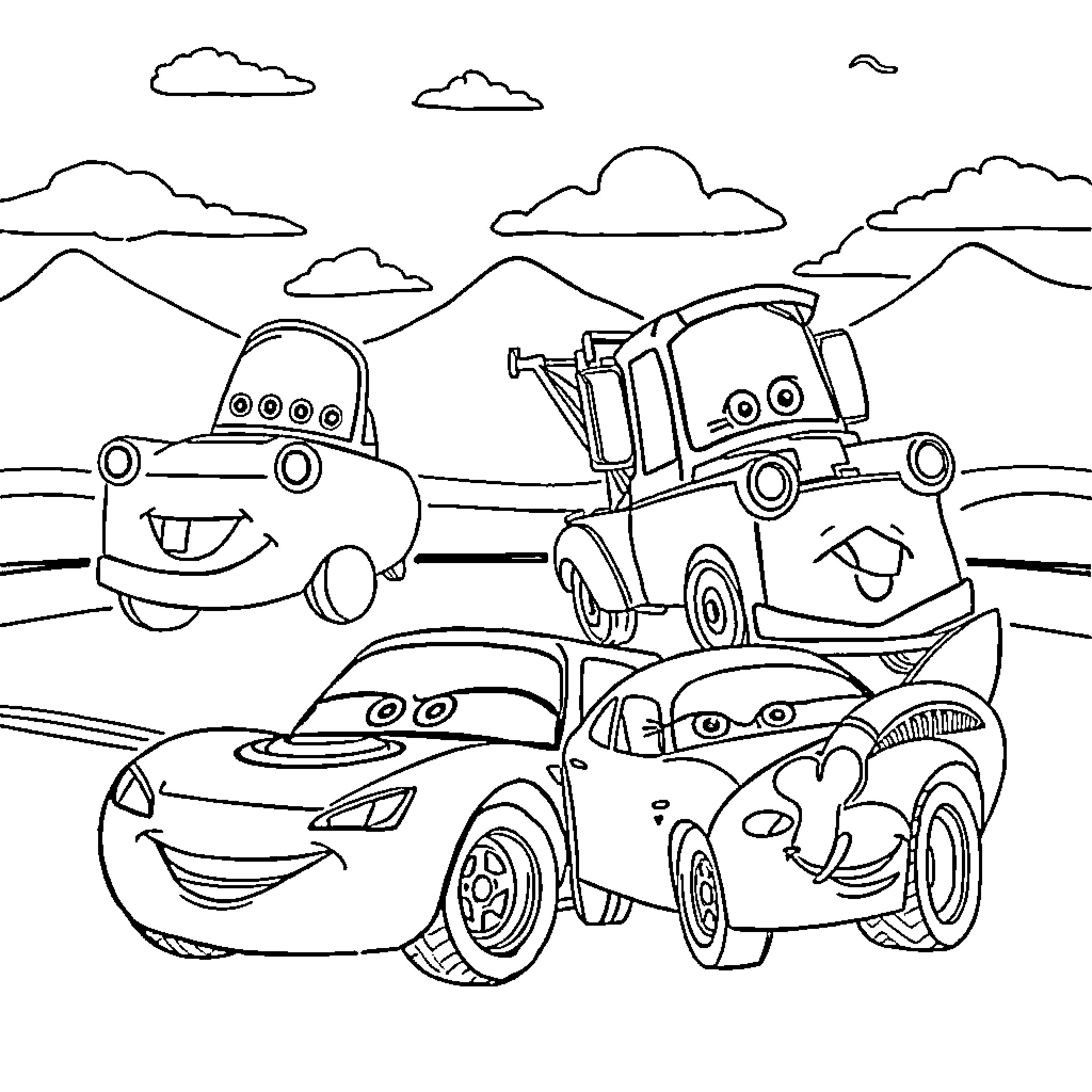 Cars playing happily in the countryside Coloring Page (free black-and-white line drawing printable PDF for all, from beginners to advanced learners, including children, teens, adults, and seniors)