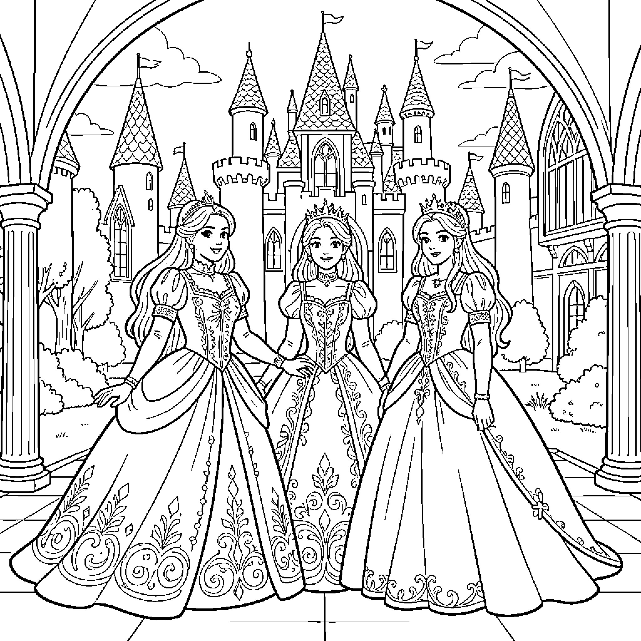 Prince princesses standing elegantly in front of a castle Coloring Page (free black-and-white line drawing printable PDF for all, from beginners to advanced learners, including children, teens, adults, and seniors)