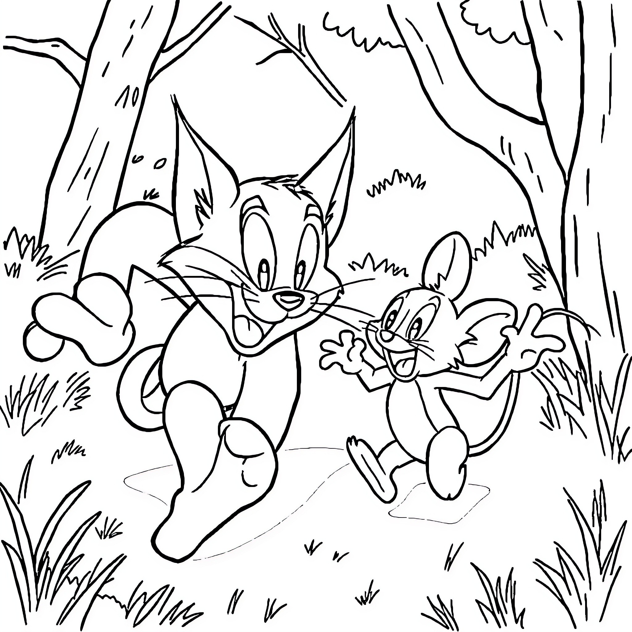 Tom and Jerry playing in the forest Coloring Page (free black-and-white line drawing printable PDF for all, from beginners to advanced learners, including children, teens, adults, and seniors)