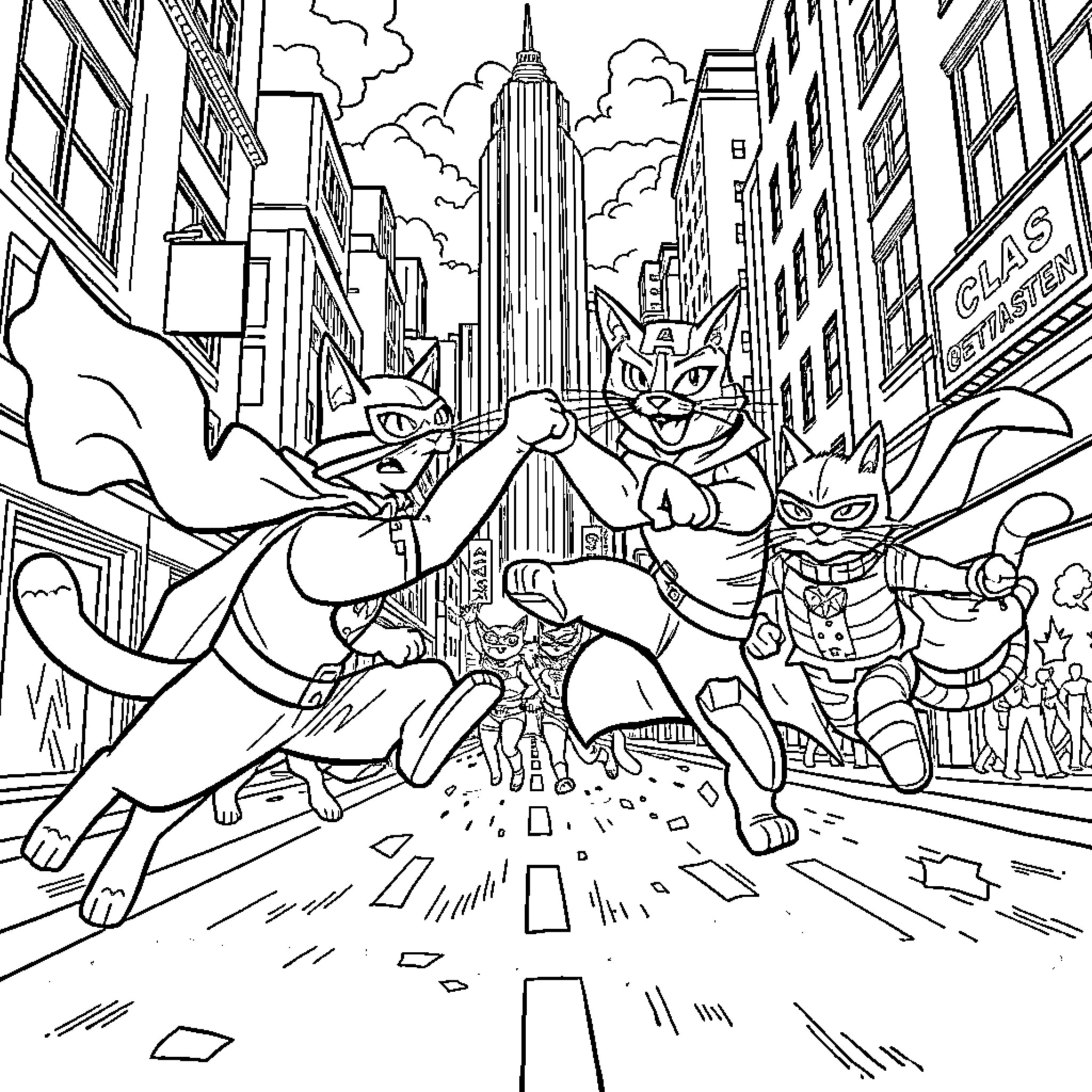 Superhero Cats Saving the City Coloring Page (free black-and-white line drawing printable PDF for all, from beginners to advanced learners, including children, teens, adults, and seniors)