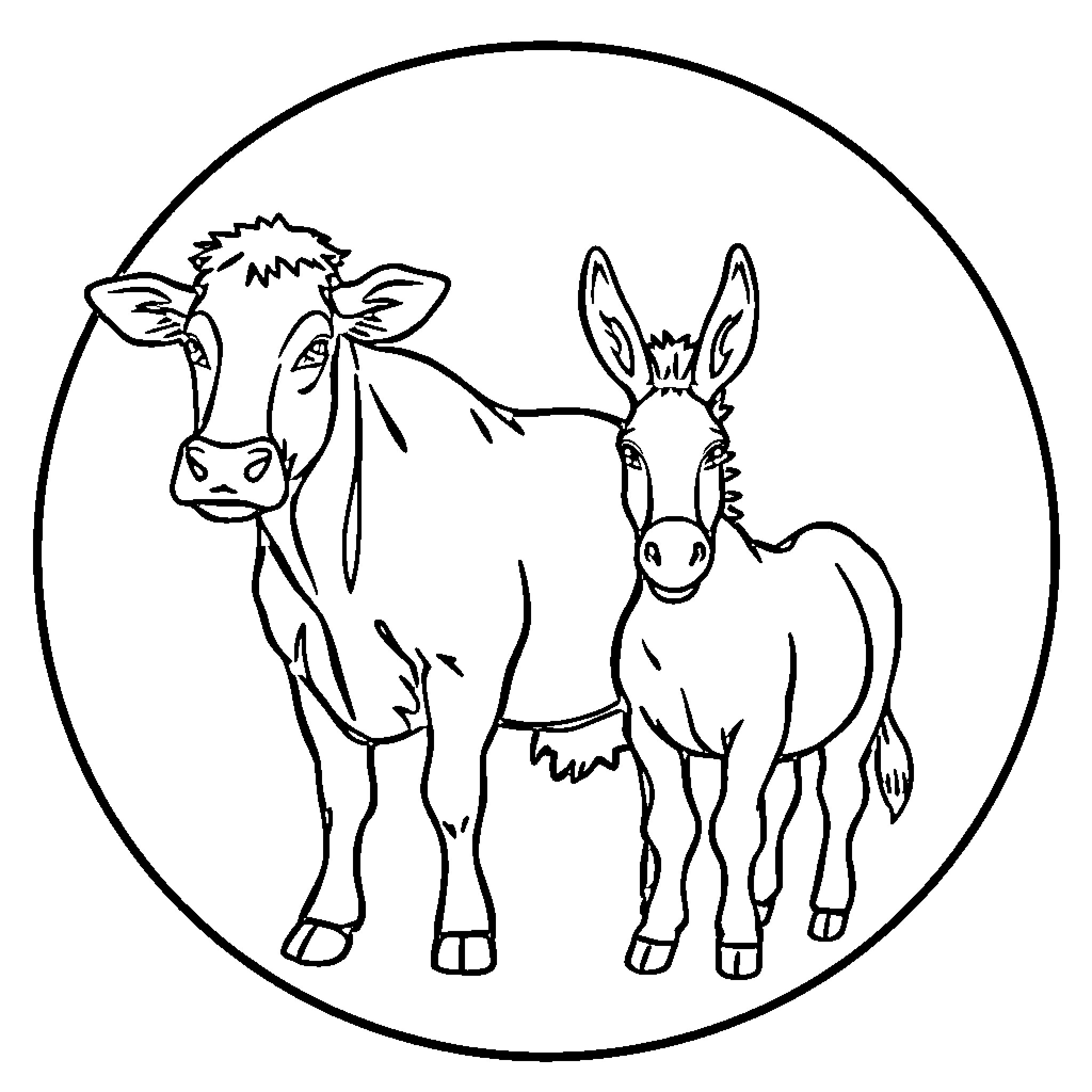 Cow and Donkey on the Farm Coloring Page (free black-and-white line drawing printable PDF for all, from beginners to advanced learners, including children, teens, adults, and seniors)