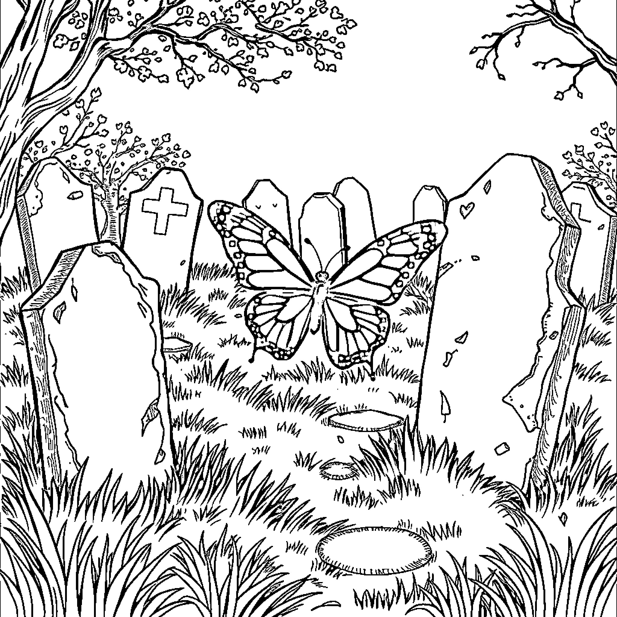 Butterfly resting in a peaceful cemetery Coloring Page (free black-and-white line drawing printable PDF for all, from beginners to advanced learners, including children, teens, adults, and seniors)