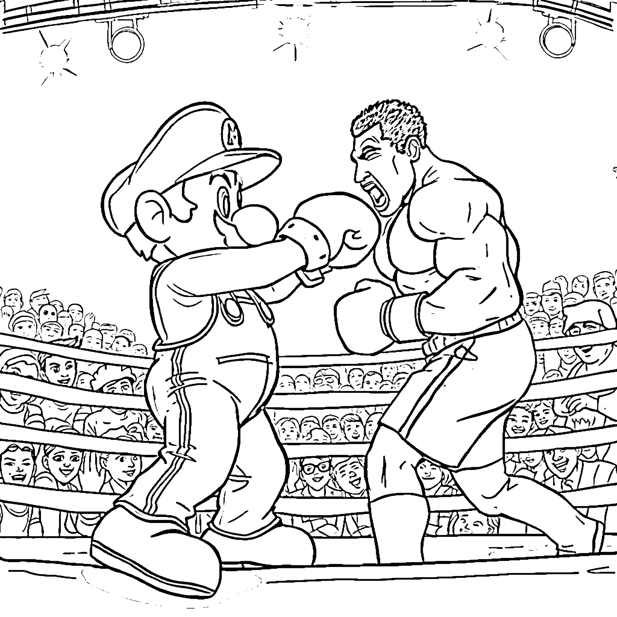 Mario Boxing Match with Muscular Opponent in the Ring Coloring Page (free black-and-white line drawing printable PDF for all, from beginners to advanced learners, including children, teens, adults, and seniors)