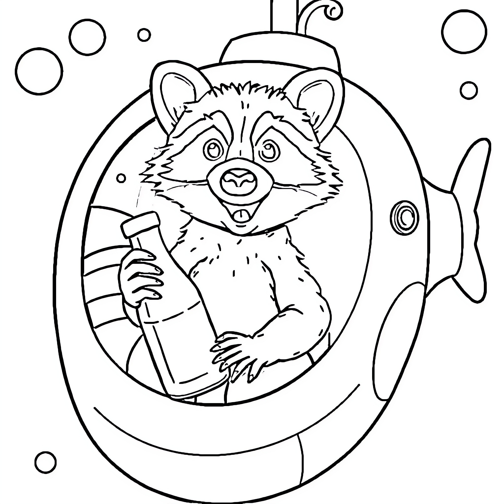 Raccoon exploring underwater habitat with scuba gear Coloring Page (free black-and-white line drawing printable PDF for all, from beginners to advanced learners, including children, teens, adults, and seniors)