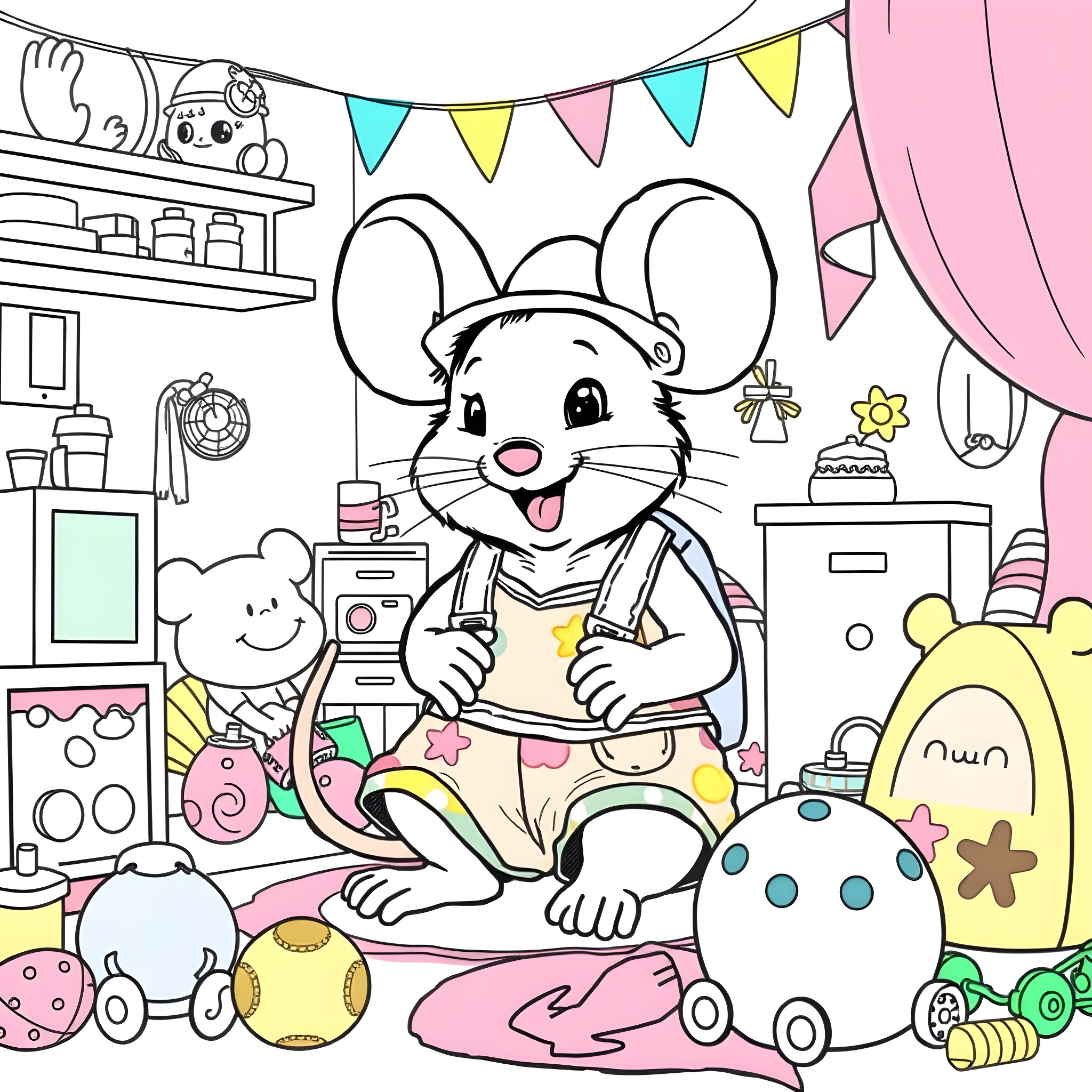 Mouse enjoying a festive celebration in a cozy room Coloring Page (free black-and-white line drawing printable PDF for all, from beginners to advanced learners, including children, teens, adults, and seniors)