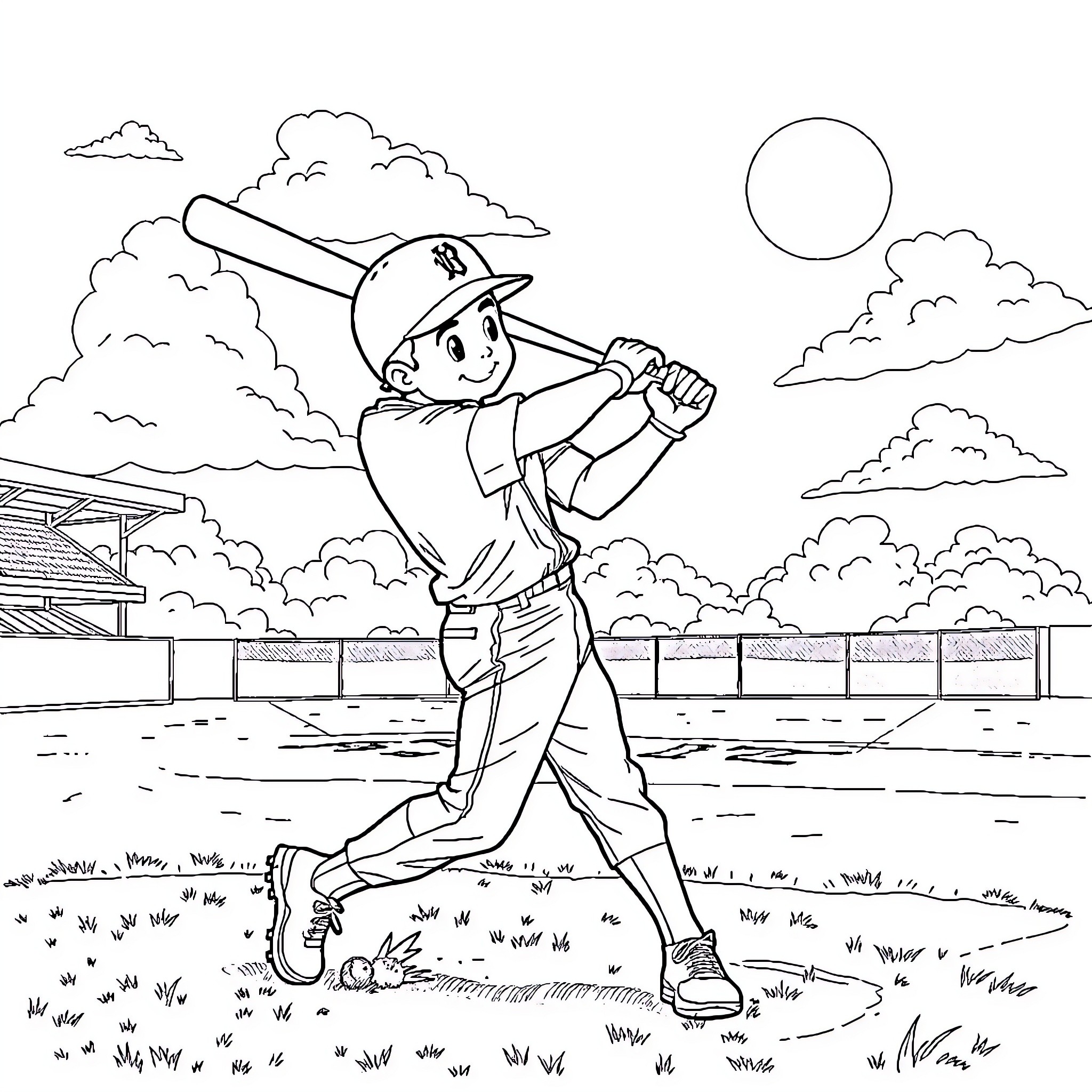 Ronald Acuna Jr. Playing Baseball on the Field Coloring Page (free black-and-white line drawing printable PDF for all, from beginners to advanced learners, including children, teens, adults, and seniors)