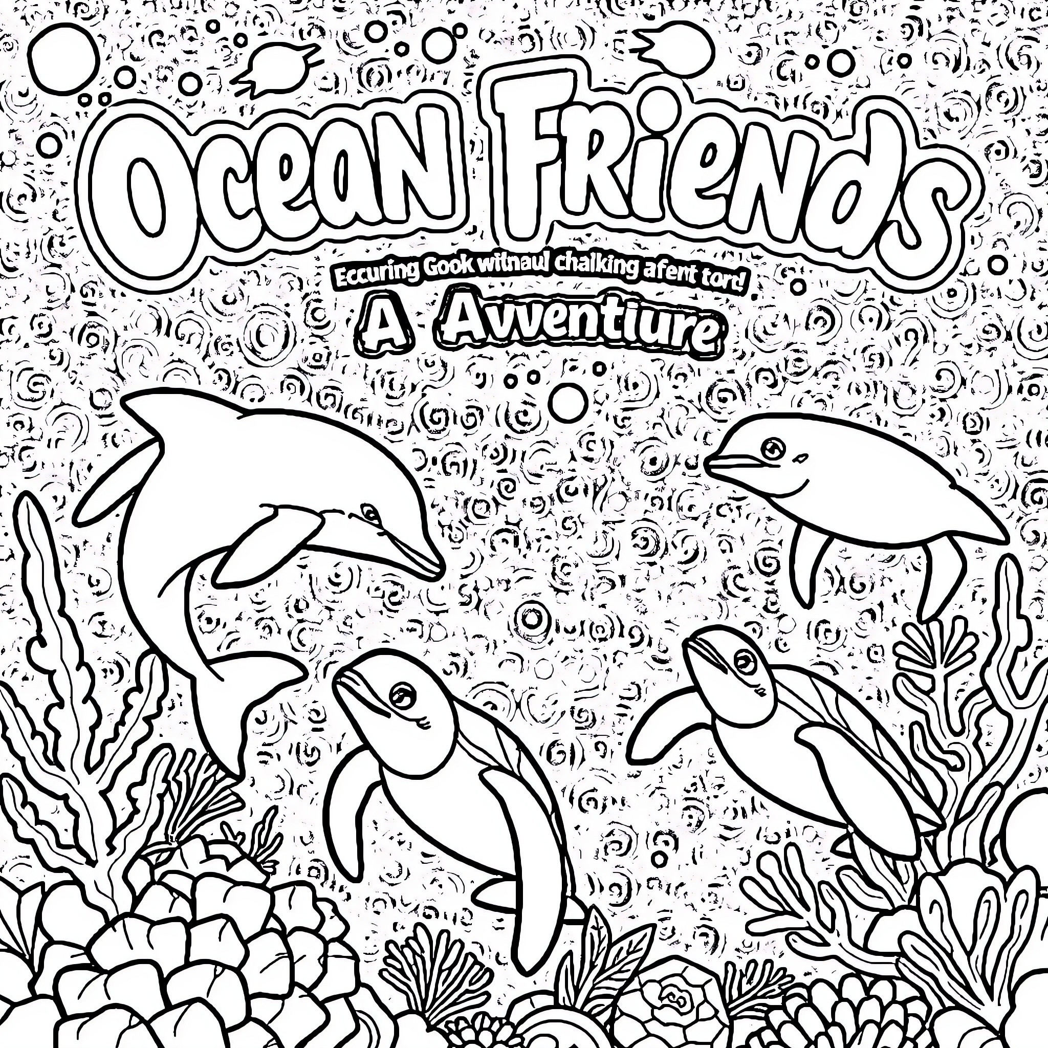 Sea Animals Enjoying an Underwater Adventure Coloring Page (free black-and-white line drawing printable PDF for all, from beginners to advanced learners, including children, teens, adults, and seniors)