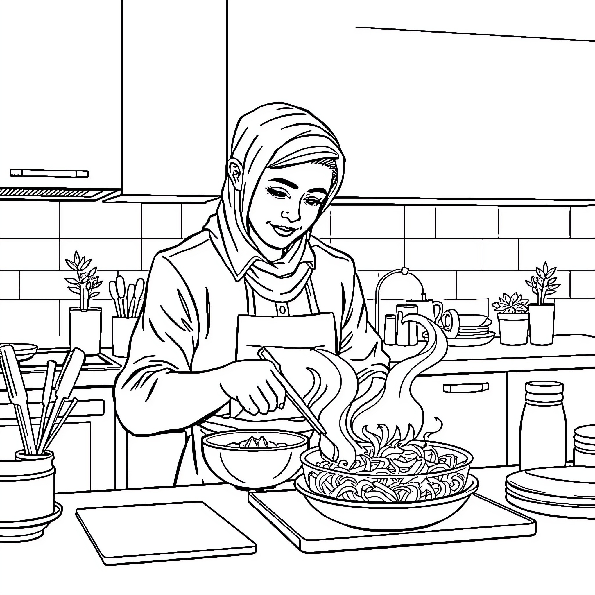 Pemuda Cooking a Warm Meal in the Kitchen Coloring Page (free black-and-white line drawing printable PDF for all, from beginners to advanced learners, including children, teens, adults, and seniors)