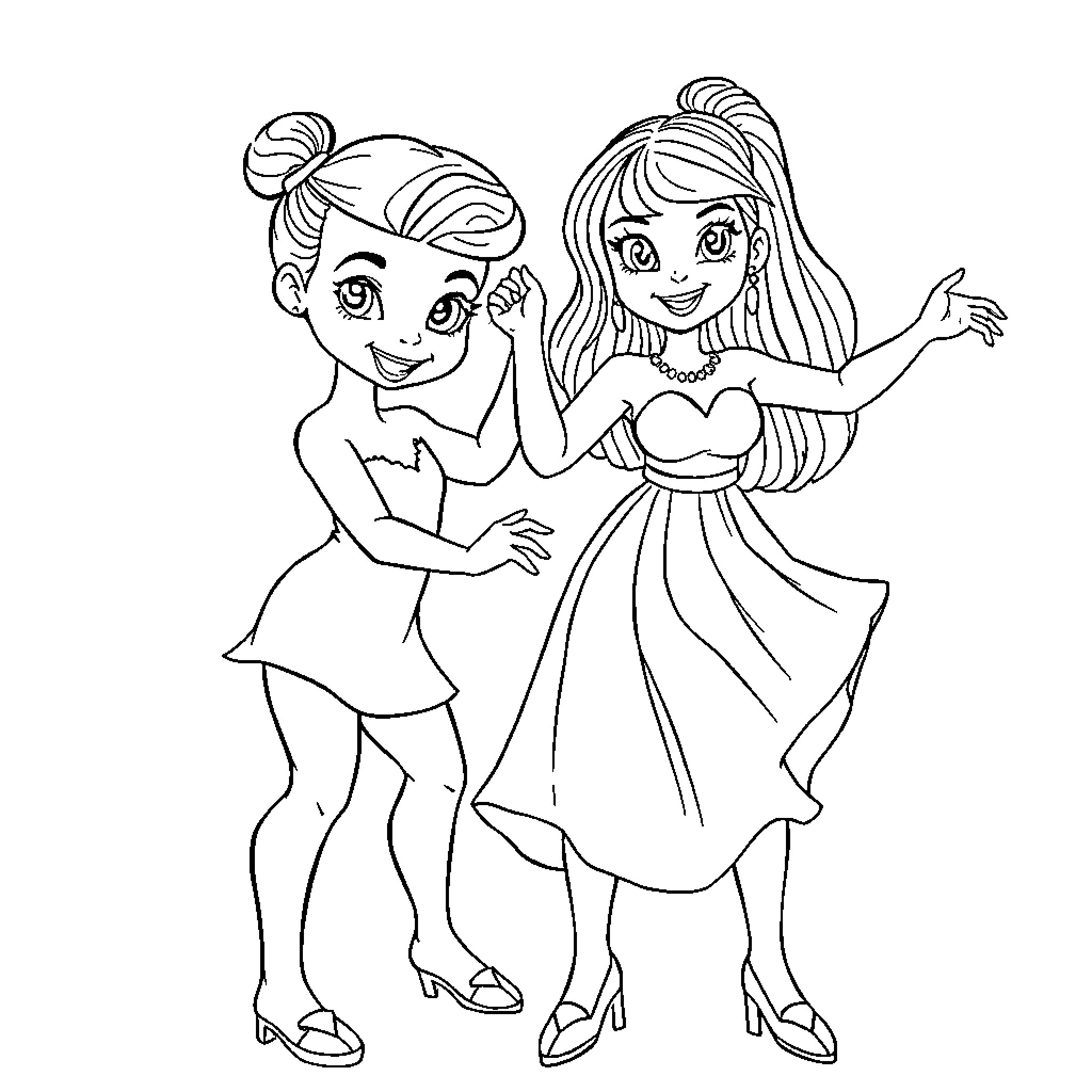 Nina and her friend dancing happily together Coloring Page (free black-and-white line drawing printable PDF for all, from beginners to advanced learners, including children, teens, adults, and seniors)