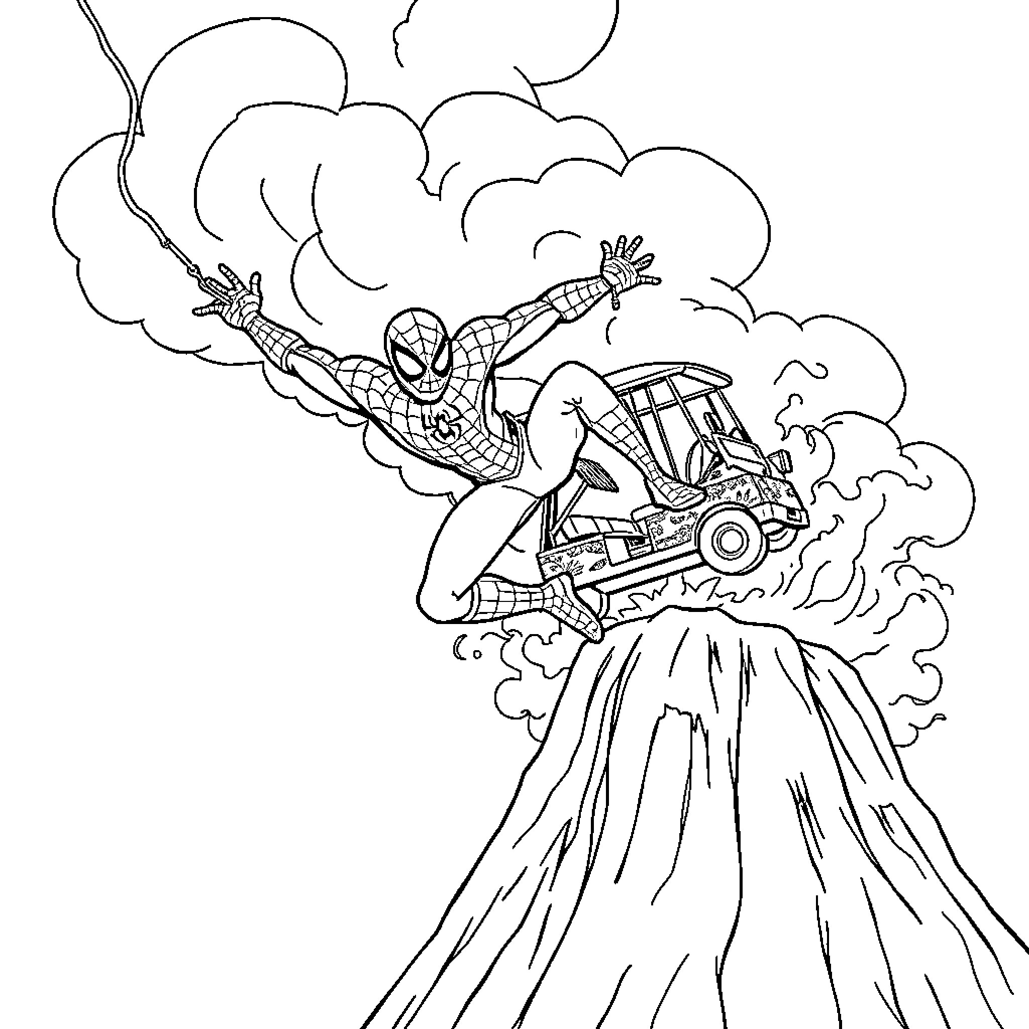 Spiderman swinging through the city in action Coloring Page (free black-and-white line drawing printable PDF for all, from beginners to advanced learners, including children, teens, adults, and seniors)