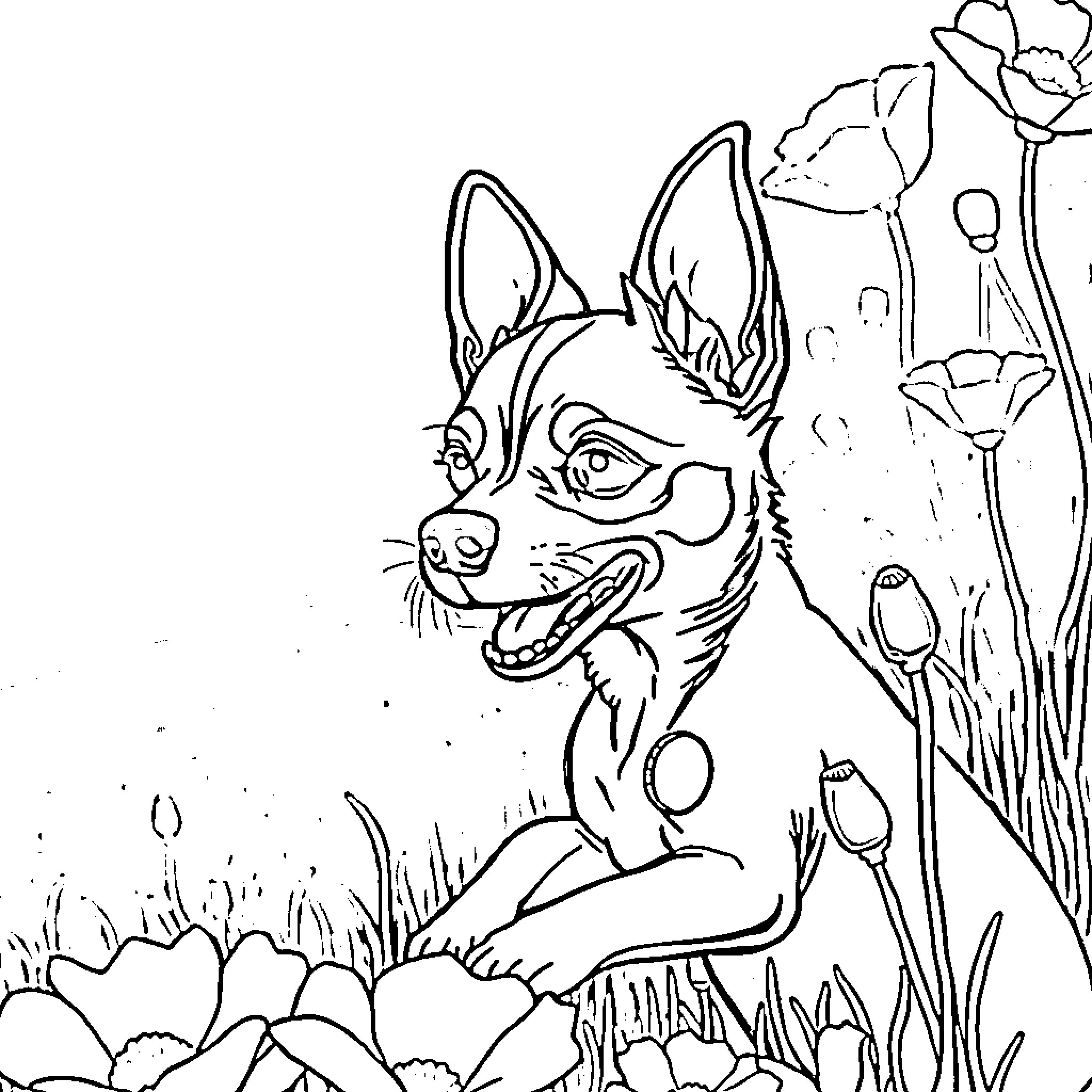 Miniature Pinscher playing in the garden Coloring Page (free black-and-white line drawing printable PDF for all, from beginners to advanced learners, including children, teens, adults, and seniors)