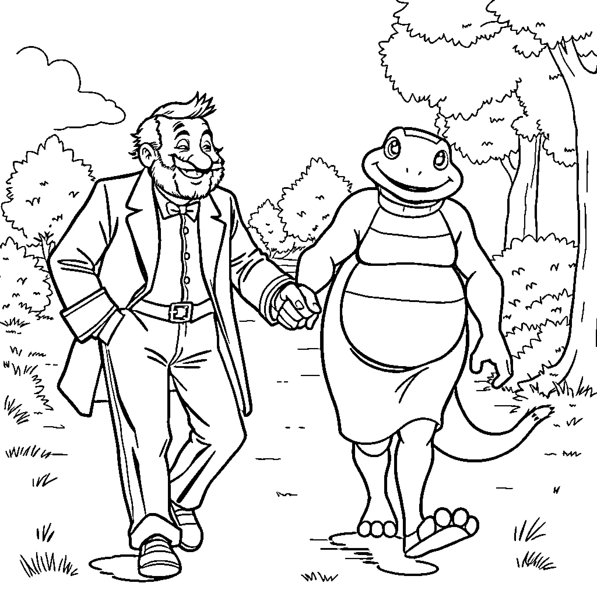 Louis de Funès exploring the forest with a funny friend Coloring Page (free black-and-white line drawing printable PDF for all, from beginners to advanced learners, including children, teens, adults, and seniors)