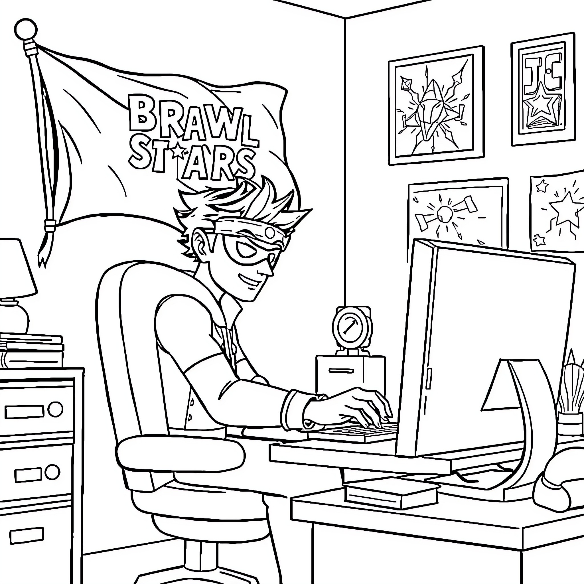 Zorro gaming at home with Brawl Stars flag Coloring Page (free black-and-white line drawing printable PDF for all, from beginners to advanced learners, including children, teens, adults, and seniors)