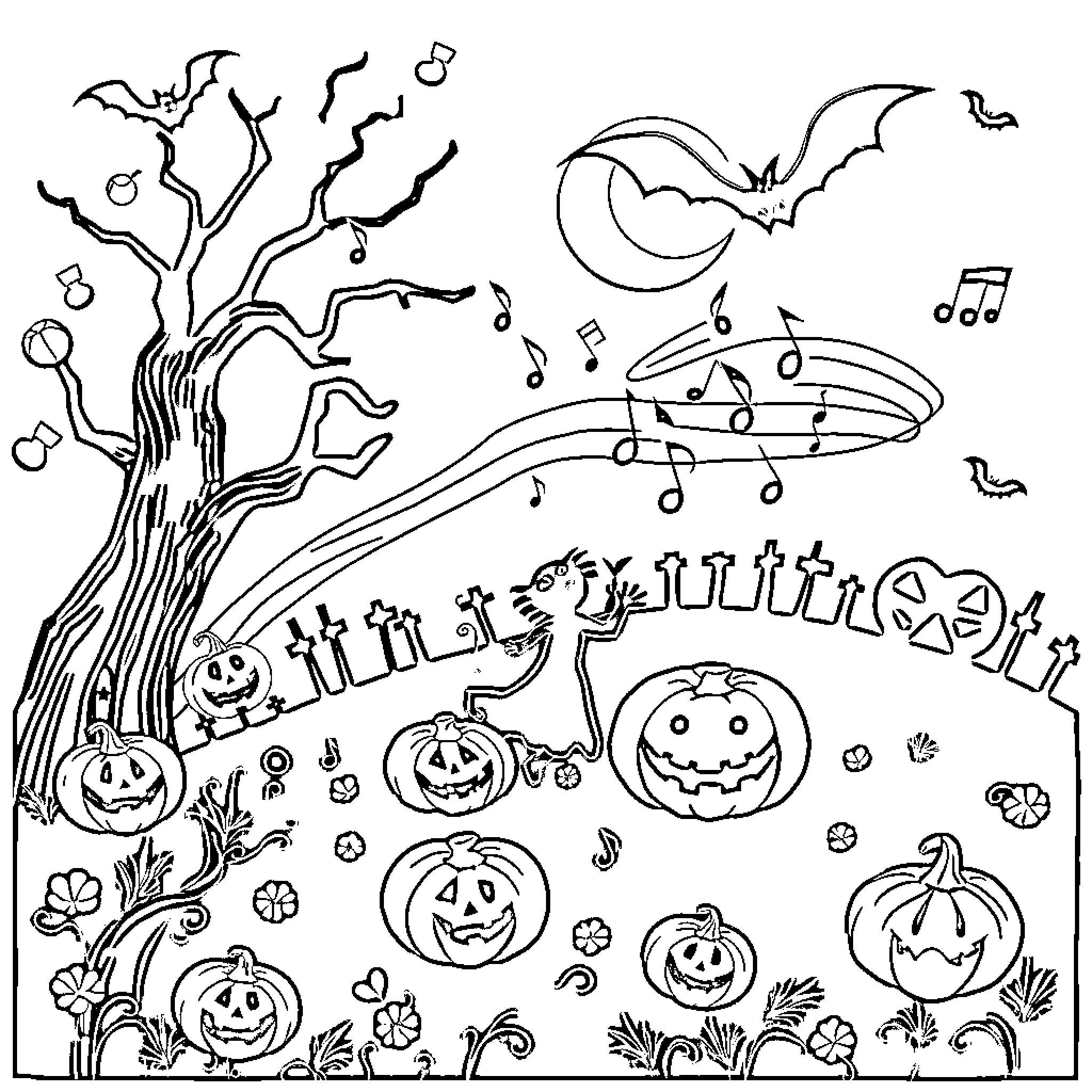 Halloween night with spooky jack-o'-lanterns and mysterious creatures Coloring Page (free black-and-white line drawing printable PDF for all, from beginners to advanced learners, including children, teens, adults, and seniors)