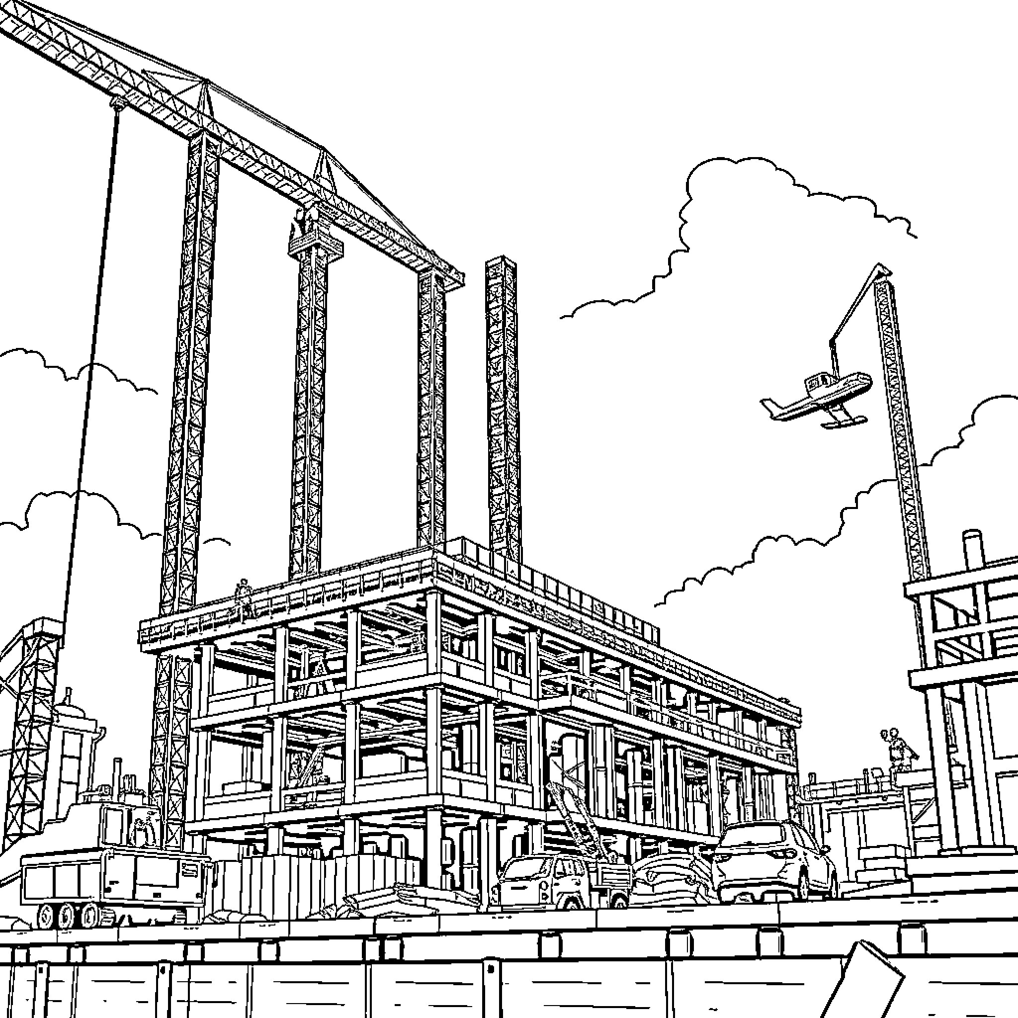 Building under construction with cranes and machinery Coloring Page (free black-and-white line drawing printable PDF for all, from beginners to advanced learners, including children, teens, adults, and seniors)