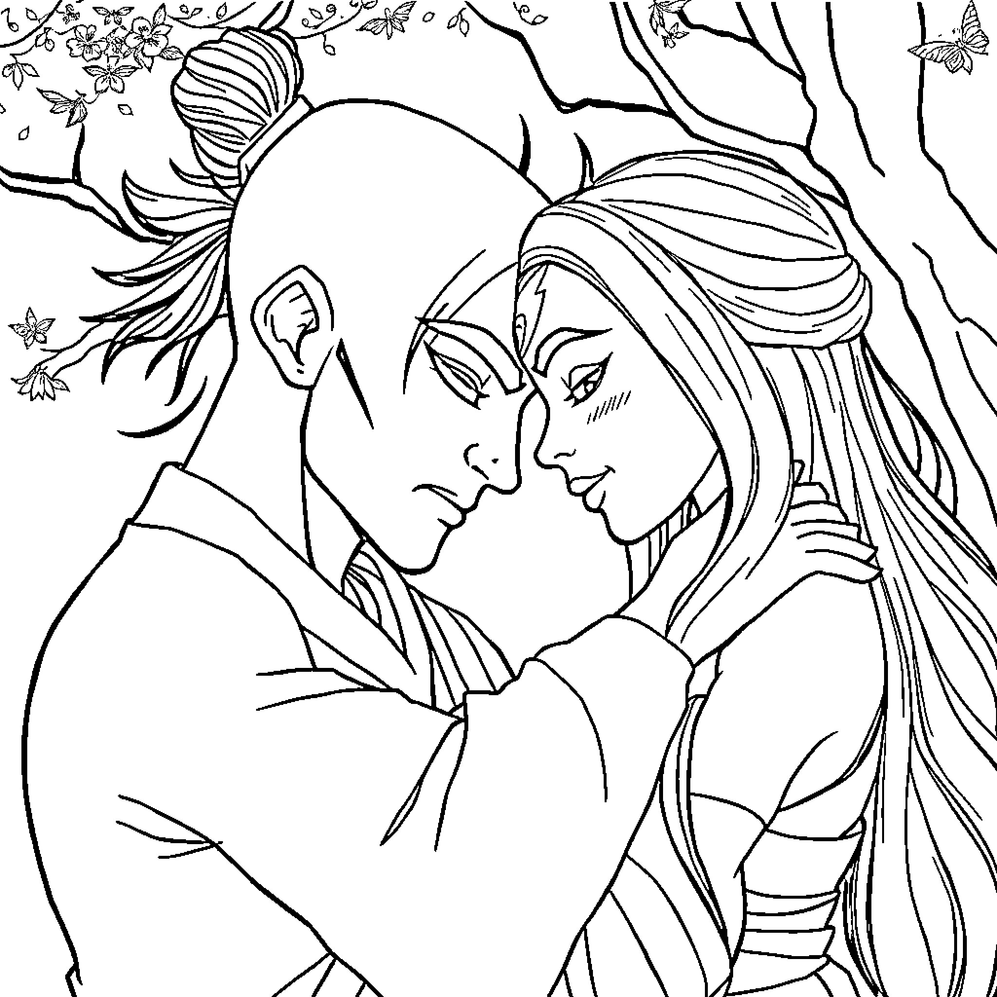 Katara and Aang in loving embrace under the moonlight Coloring Page (free black-and-white line drawing printable PDF for all, from beginners to advanced learners, including children, teens, adults, and seniors)