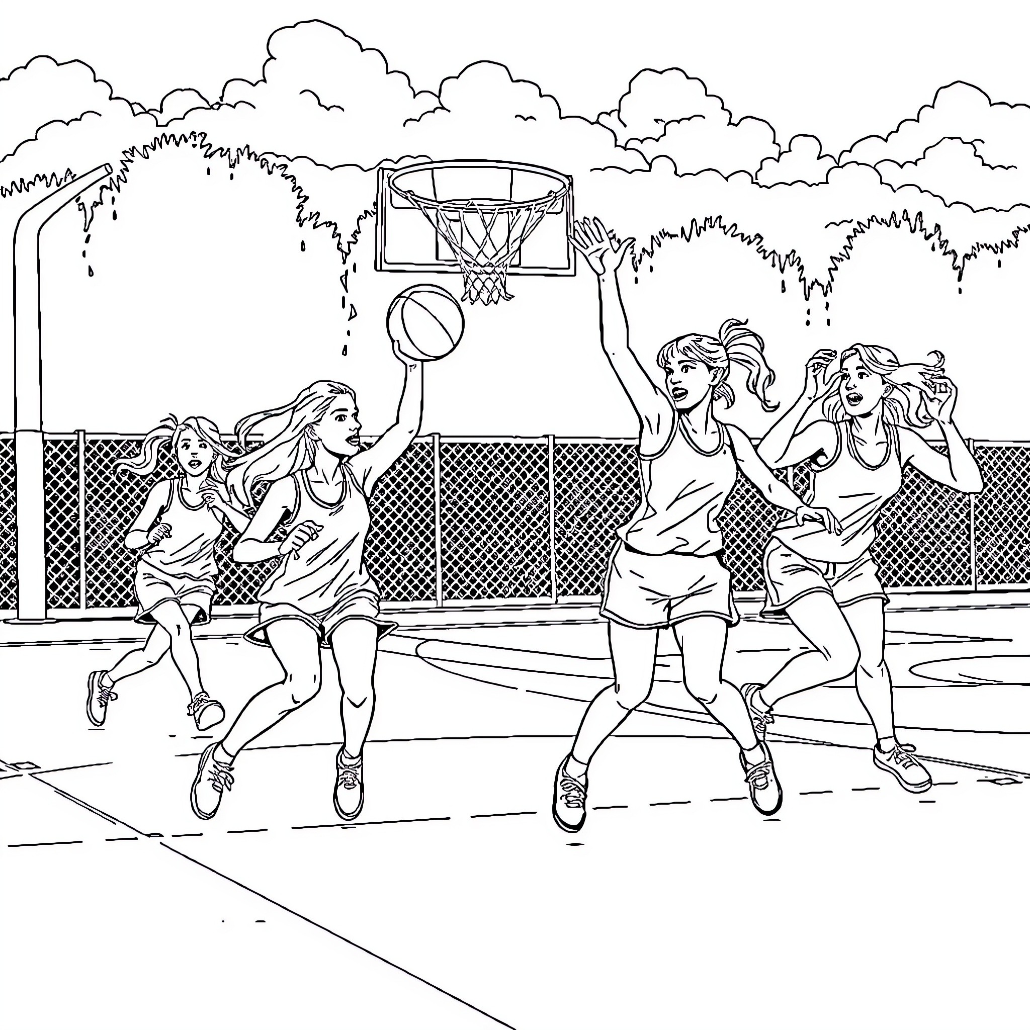Girls playing basketball on outdoor court Coloring Page (free black-and-white line drawing printable PDF for all, from beginners to advanced learners, including children, teens, adults, and seniors)
