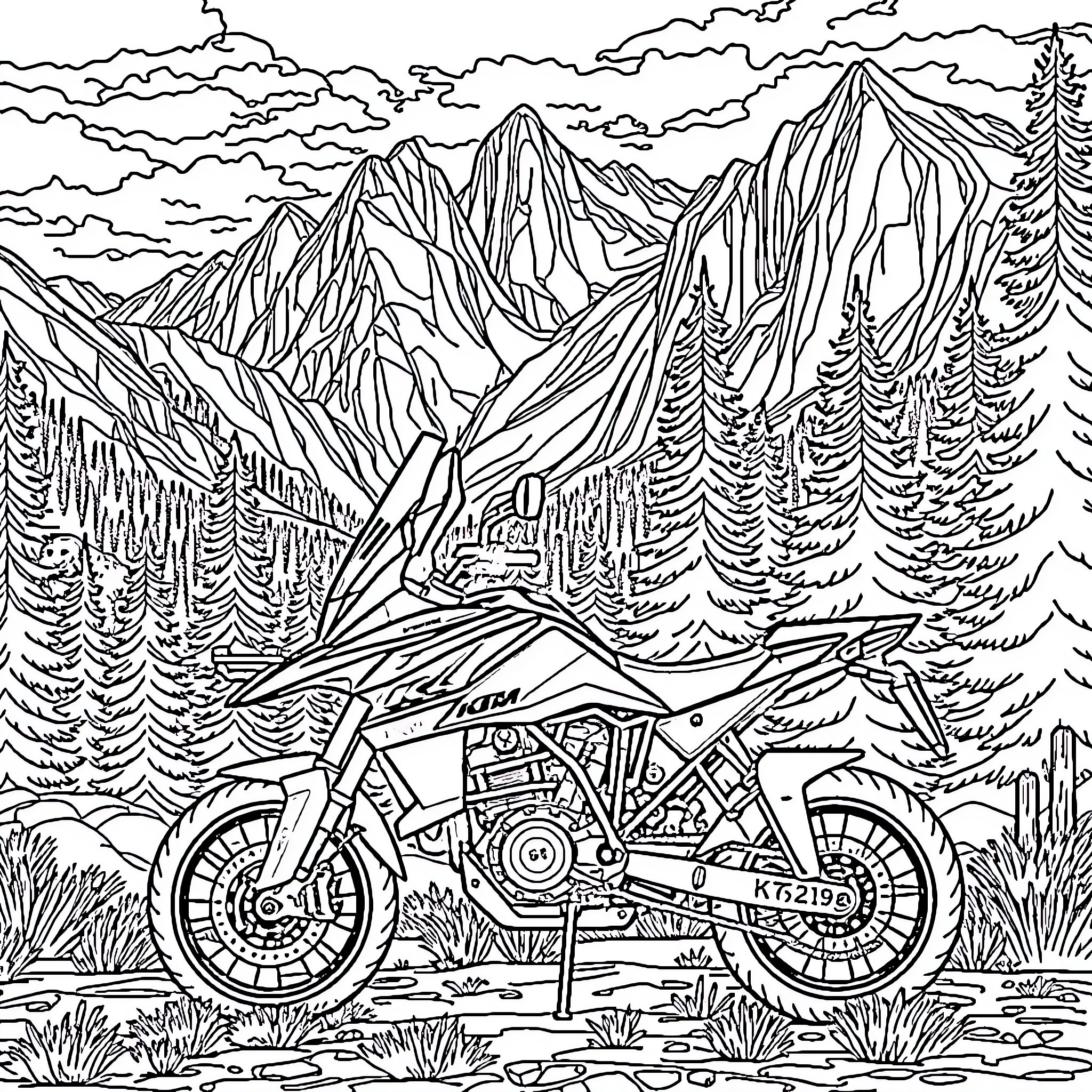 KTM Motorcycle Adventure in the Mountains Coloring Page (free black-and-white line drawing printable PDF for all, from beginners to advanced learners, including children, teens, adults, and seniors)