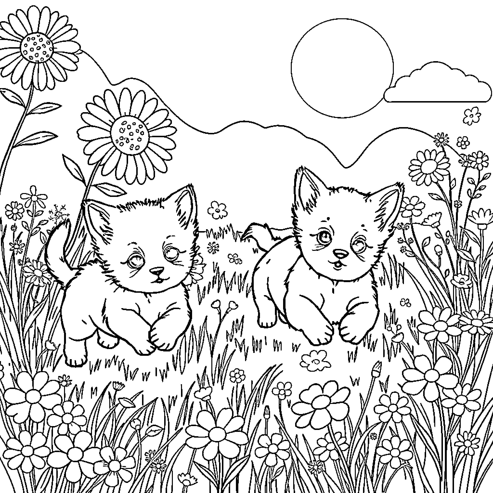 Kittens playing in a floral meadow Coloring Page (free black-and-white line drawing printable PDF for all, from beginners to advanced learners, including children, teens, adults, and seniors)