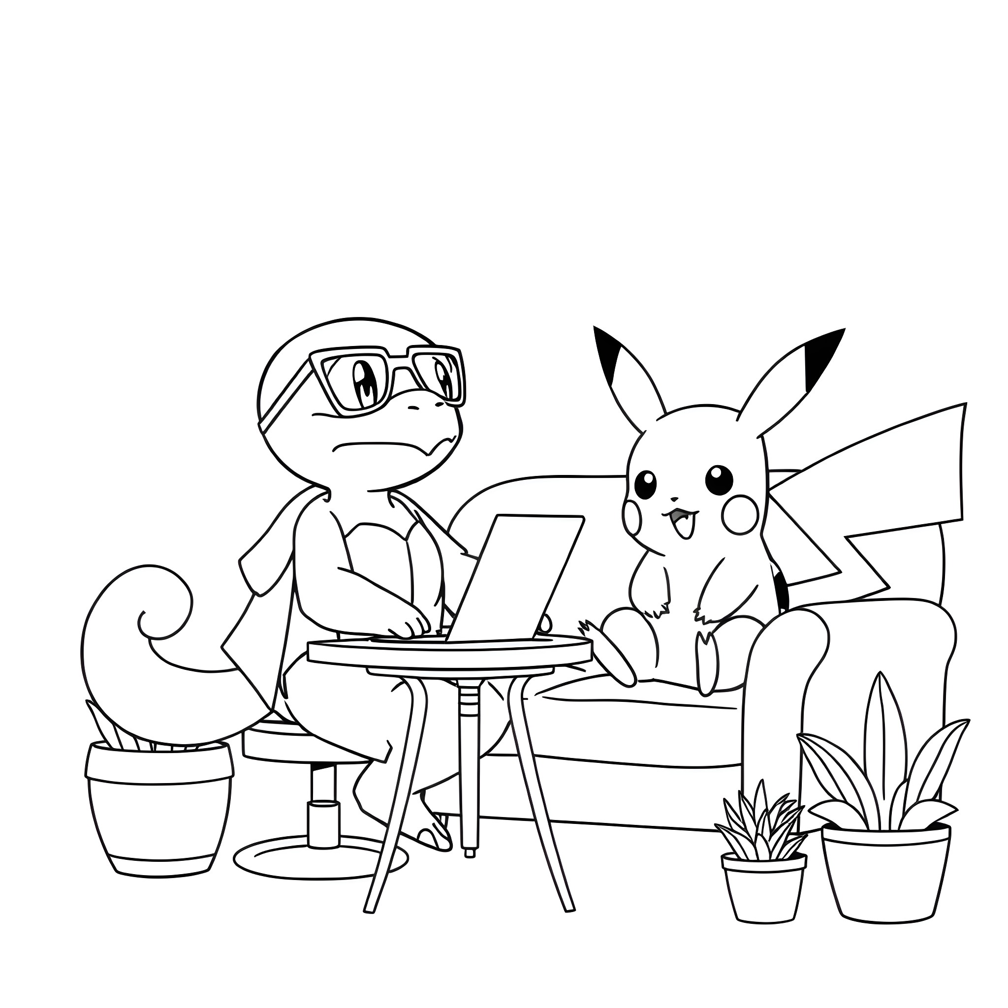 Squirtle and Pikachu working together at a computer Coloring Page (free black-and-white line drawing printable PDF for all, from beginners to advanced learners, including children, teens, adults, and seniors)