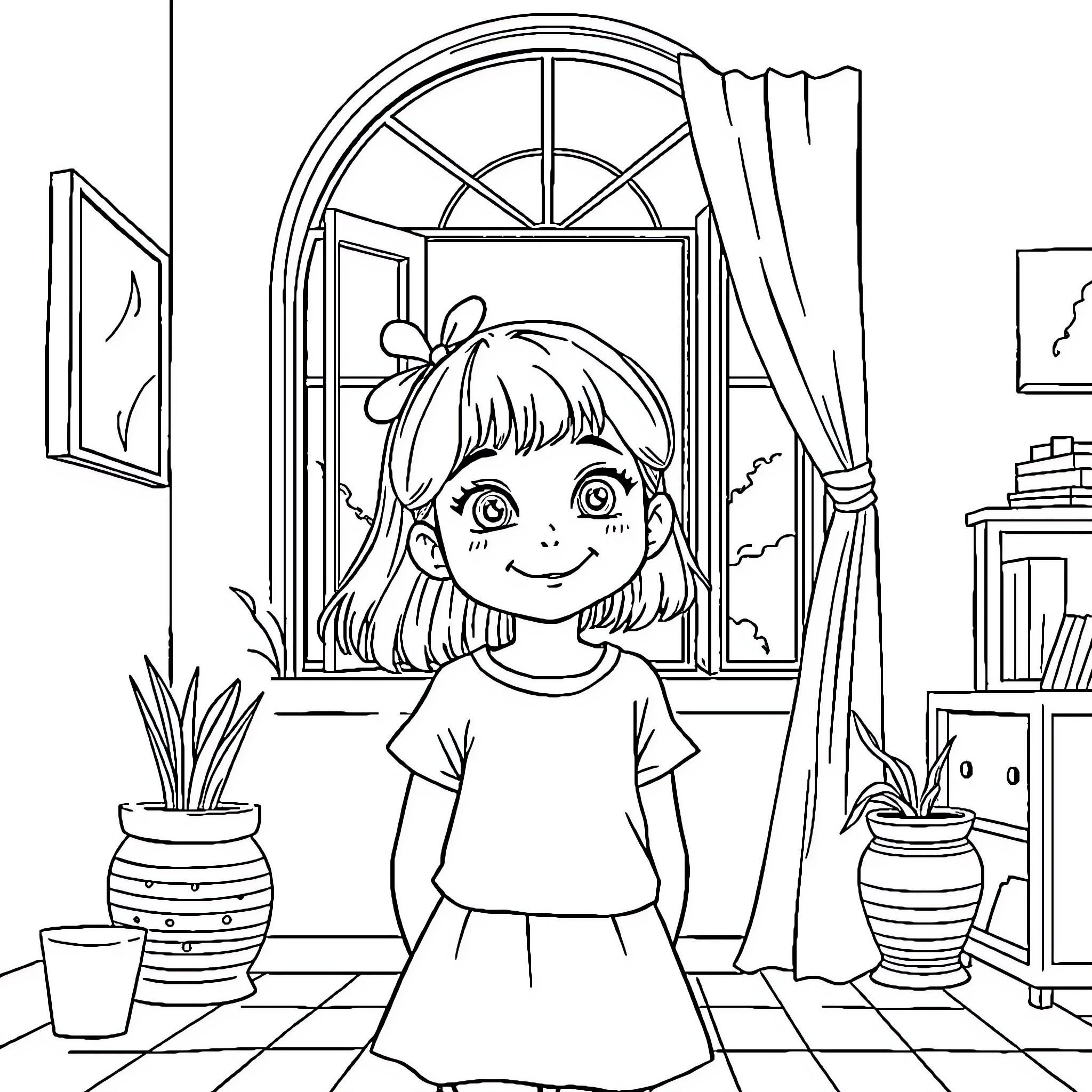Girl smiling happily in cozy room Coloring Page (free black-and-white line drawing printable PDF for all, from beginners to advanced learners, including children, teens, adults, and seniors)