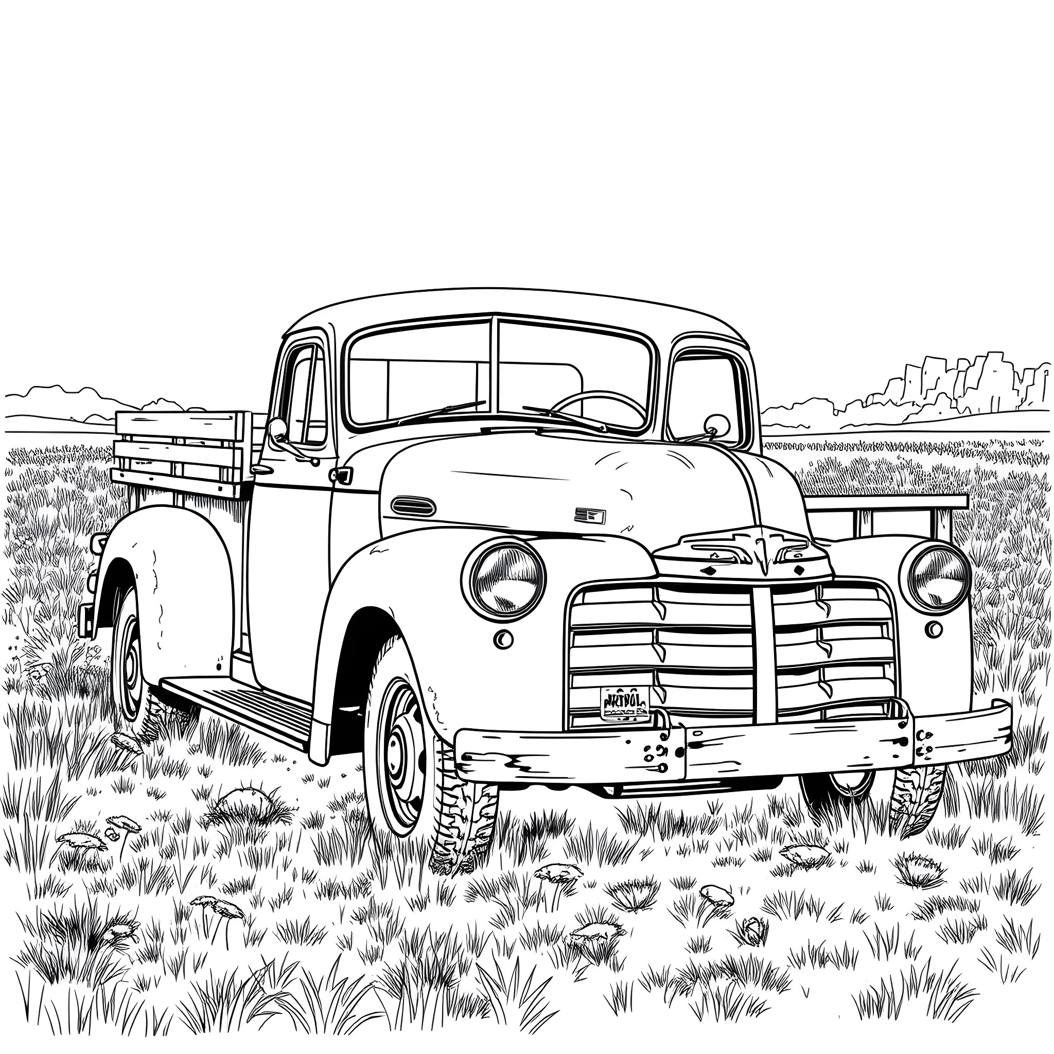 Truck parked in a grassy field with mountains in the background Coloring Page (free black-and-white line drawing printable PDF for all, from beginners to advanced learners, including children, teens, adults, and seniors)