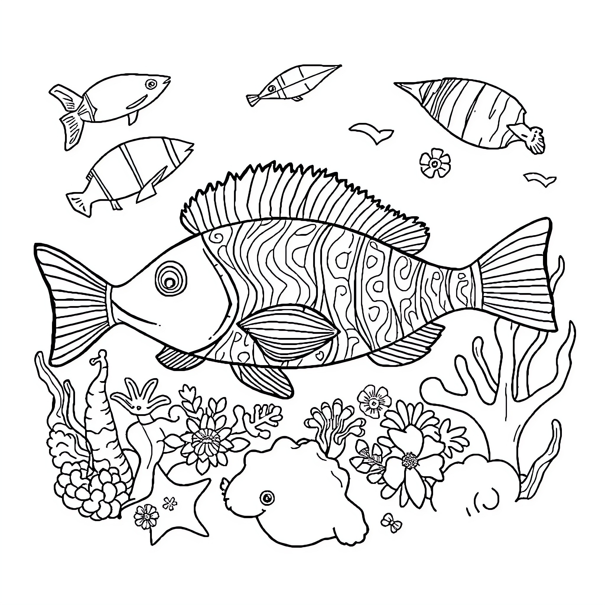 Sea Creatures Exploring Vibrant Underwater Landscape Coloring Page (free black-and-white line drawing printable PDF for all, from beginners to advanced learners, including children, teens, adults, and seniors)