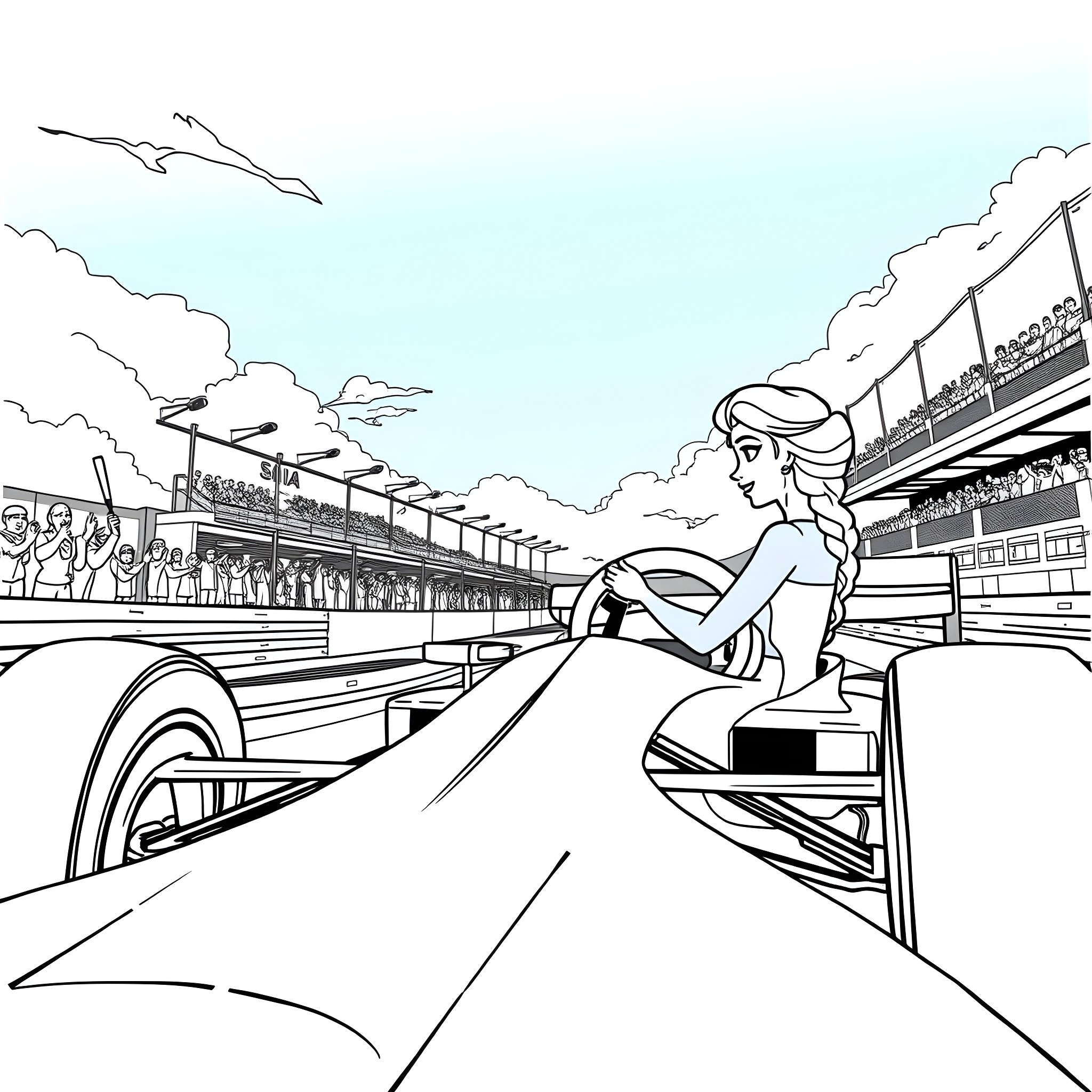 Elsa's Racetrack Adventure Coloring Page (free black-and-white line drawing printable PDF for all, from beginners to advanced learners, including children, teens, adults, and seniors)
