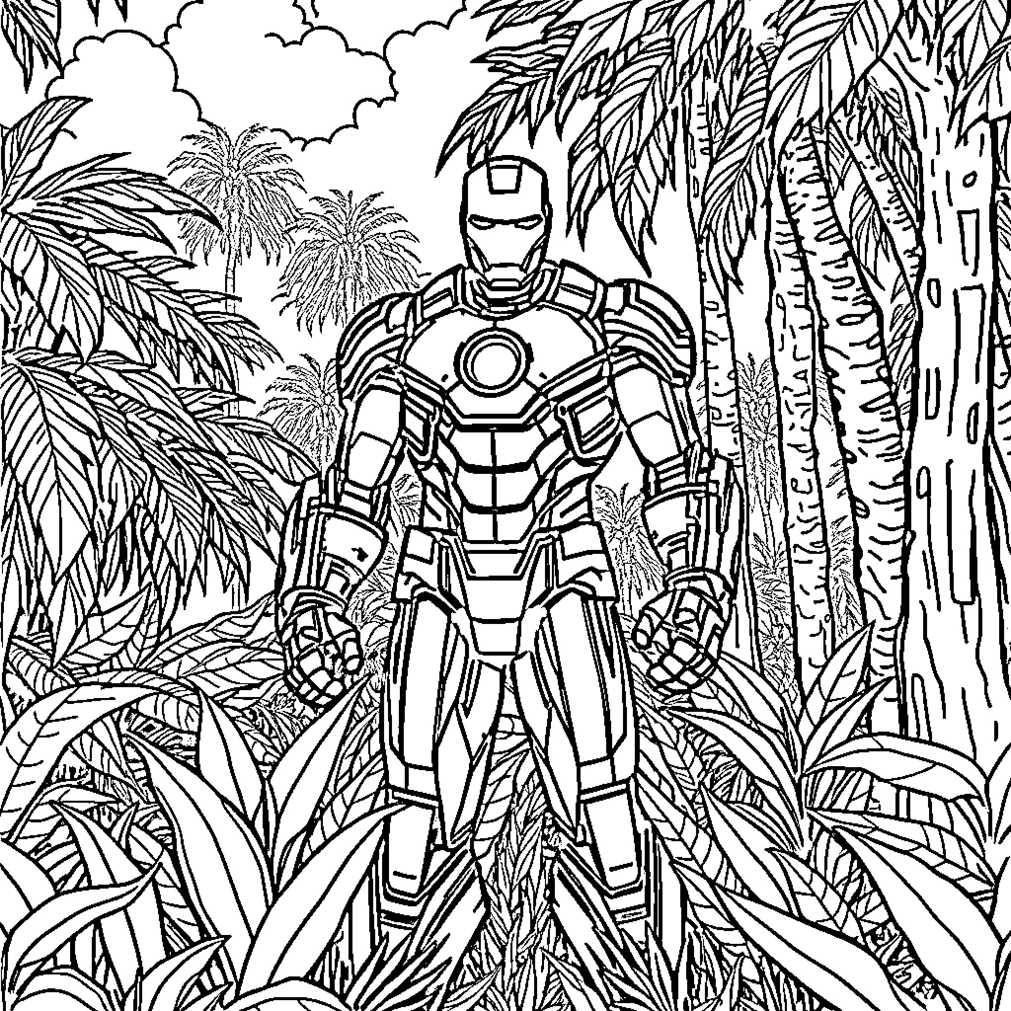 Iron Man in Jungle Landscape Coloring Page (free black-and-white line drawing printable PDF for all, from beginners to advanced learners, including children, teens, adults, and seniors)