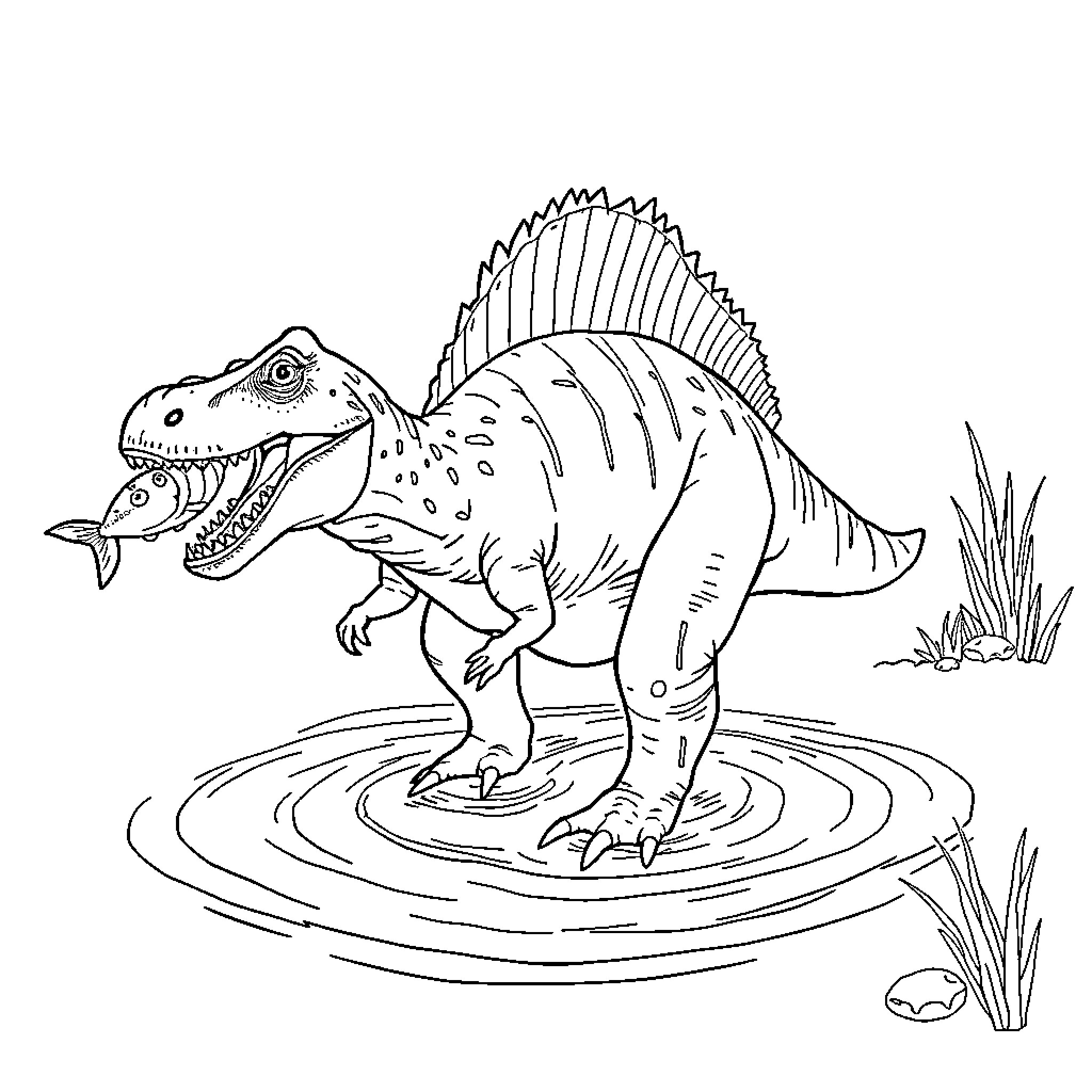 Spinosaurus wading in a pond Coloring Page (free black-and-white line drawing printable PDF for all, from beginners to advanced learners, including children, teens, adults, and seniors)