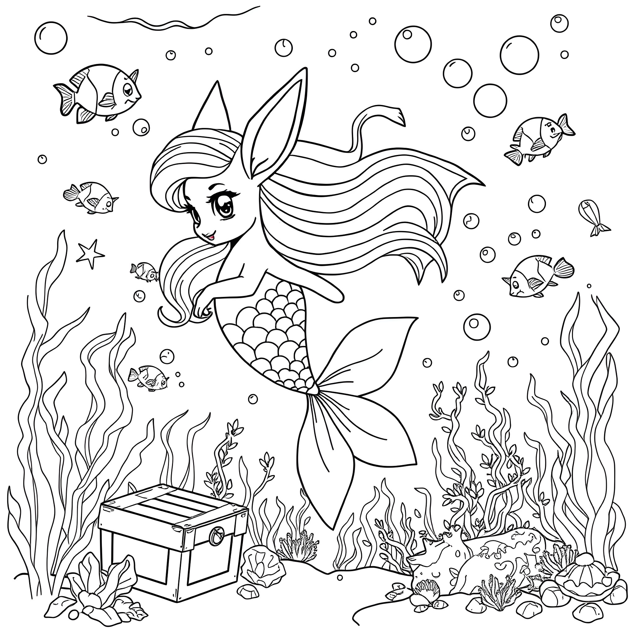 Mermaid exploring the underwater world Coloring Page (free black-and-white line drawing printable PDF for all, from beginners to advanced learners, including children, teens, adults, and seniors)