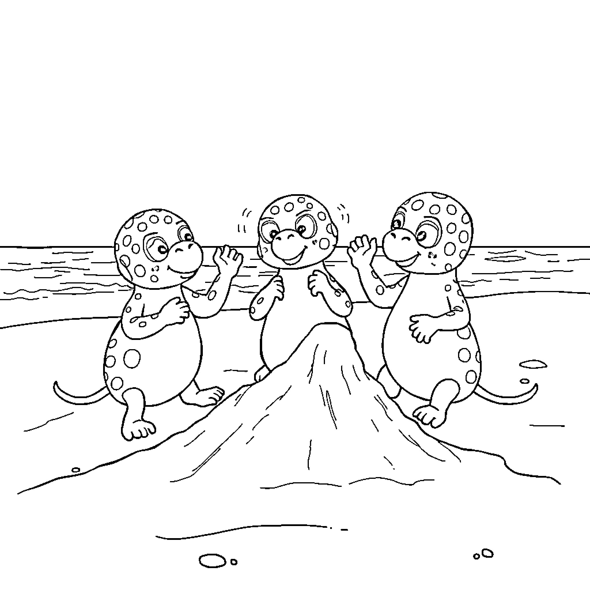 Lagarto characters playing in the sand Coloring Page (free black-and-white line drawing printable PDF for all, from beginners to advanced learners, including children, teens, adults, and seniors)