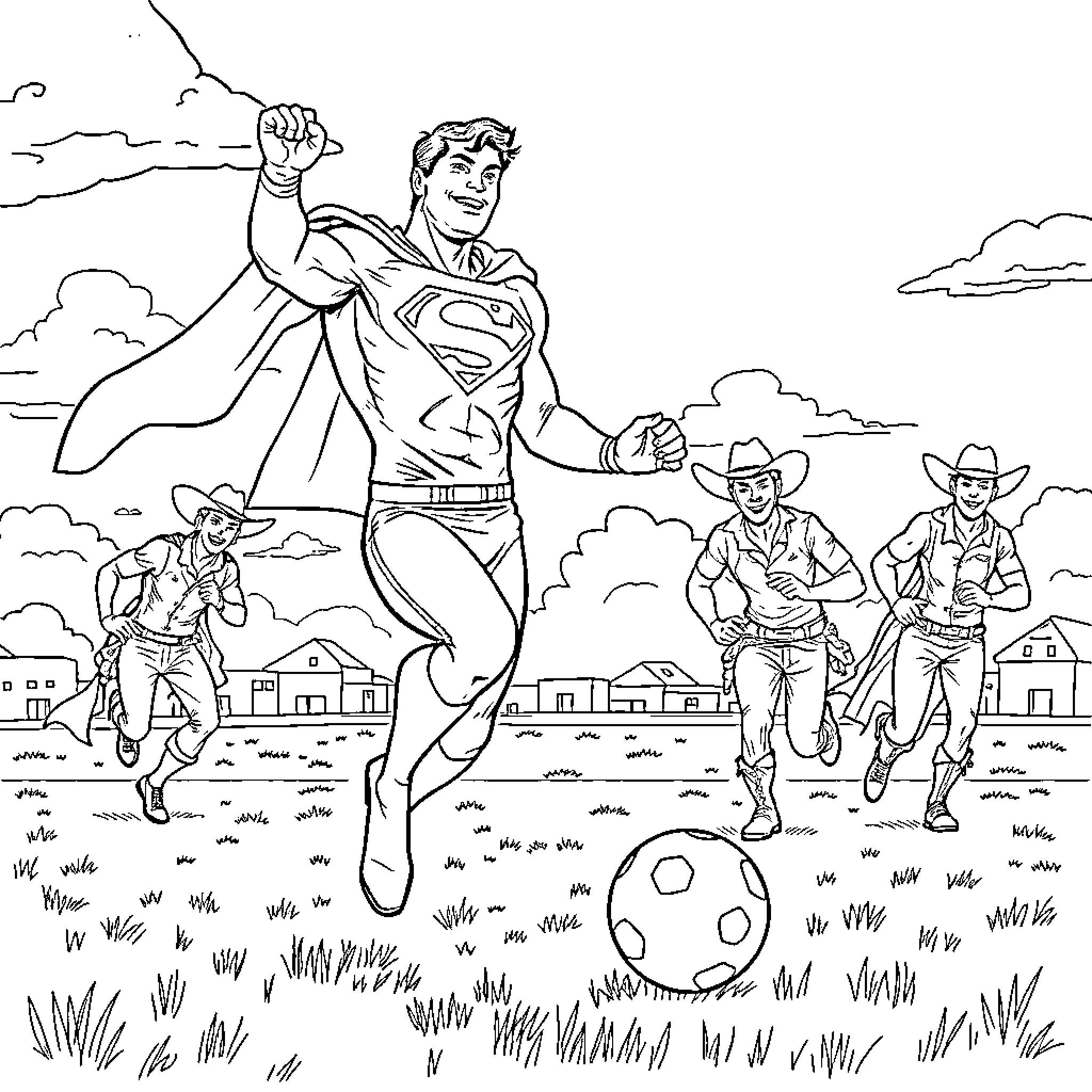 Superman saving the day with cowboy sidekicks Coloring Page (free black-and-white line drawing printable PDF for all, from beginners to advanced learners, including children, teens, adults, and seniors)