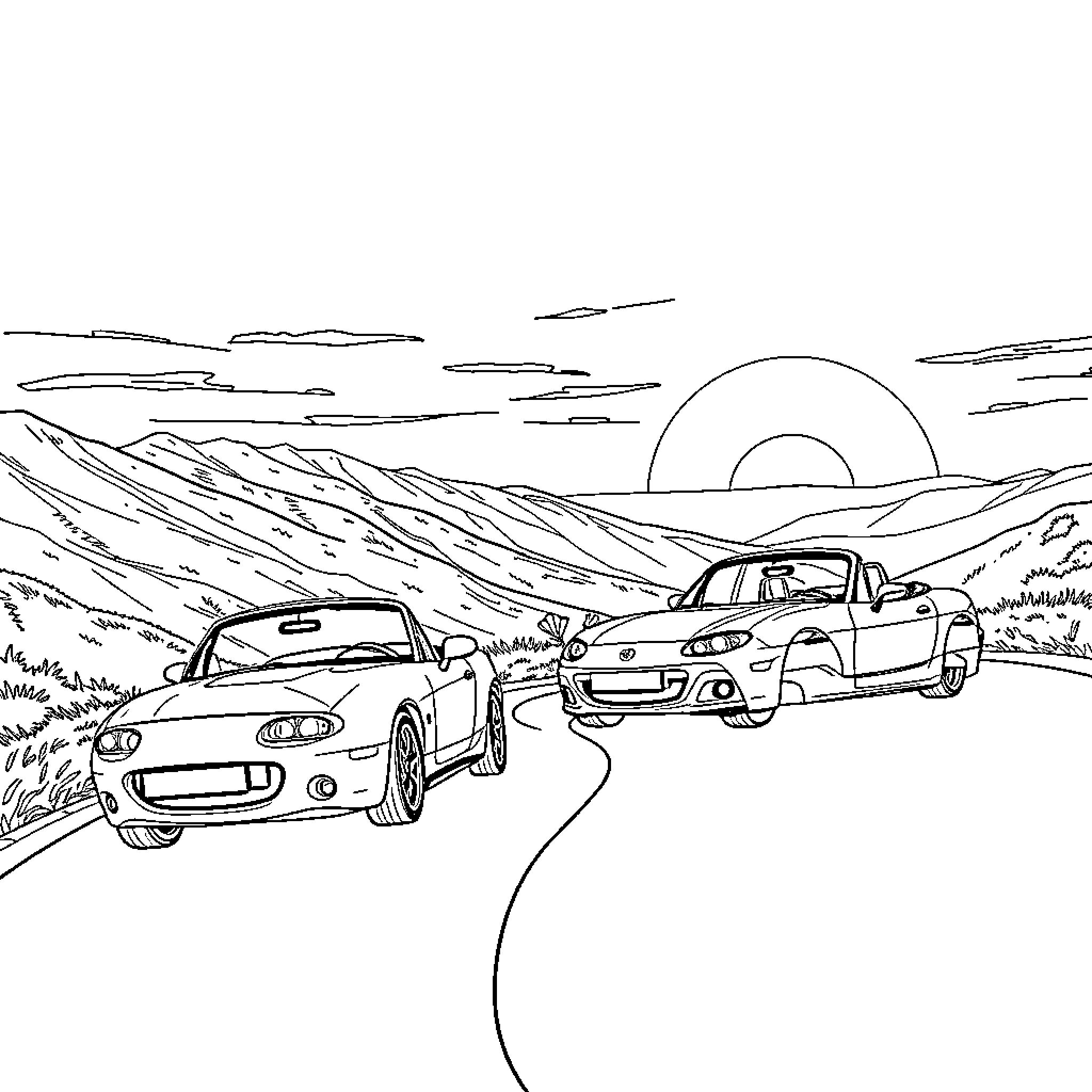 Miata roadsters traversing scenic landscape Coloring Page (free black-and-white line drawing printable PDF for all, from beginners to advanced learners, including children, teens, adults, and seniors)
