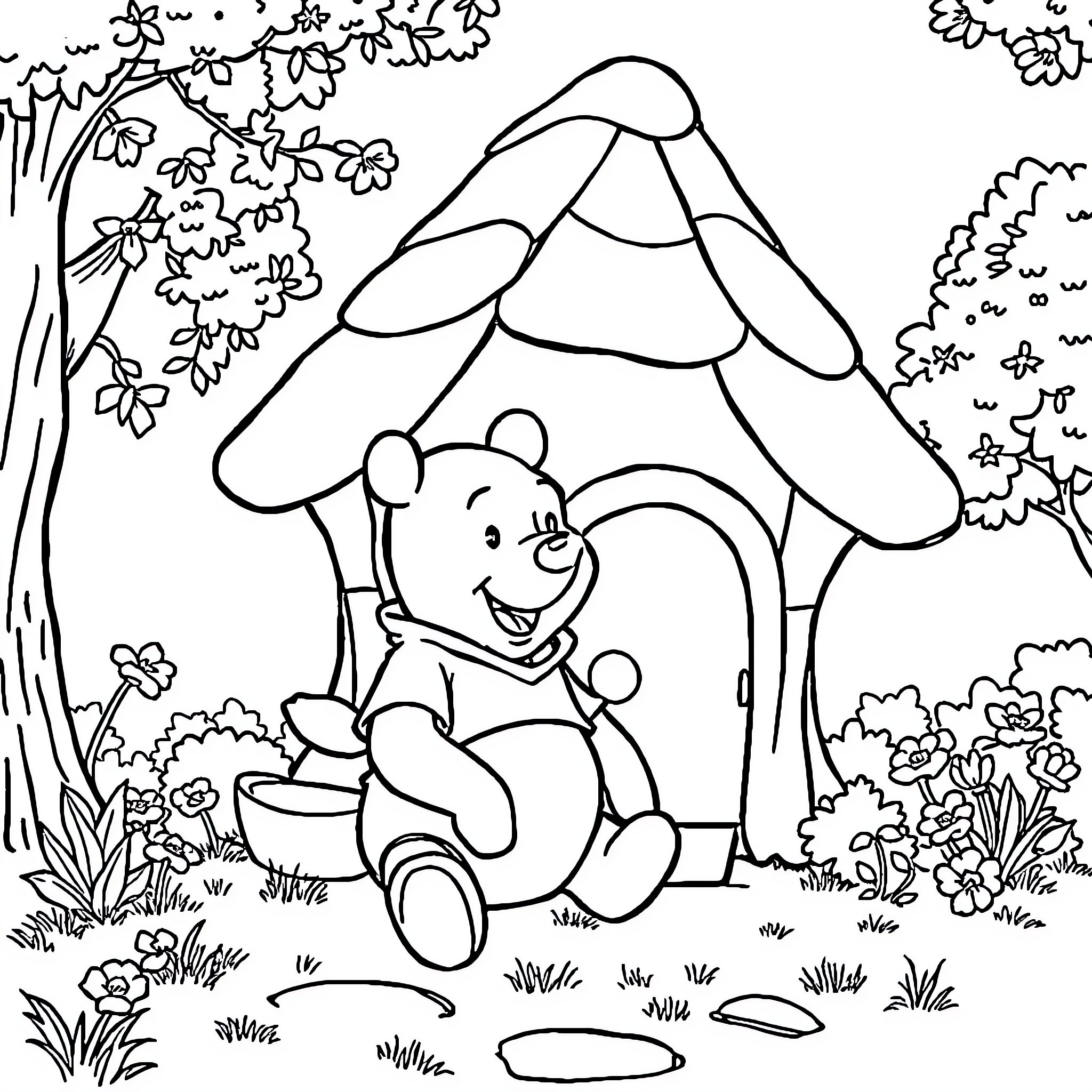 Winnie The Pooh enjoying a picnic in the forest Coloring Page (free black-and-white line drawing printable PDF for all, from beginners to advanced learners, including children, teens, adults, and seniors)