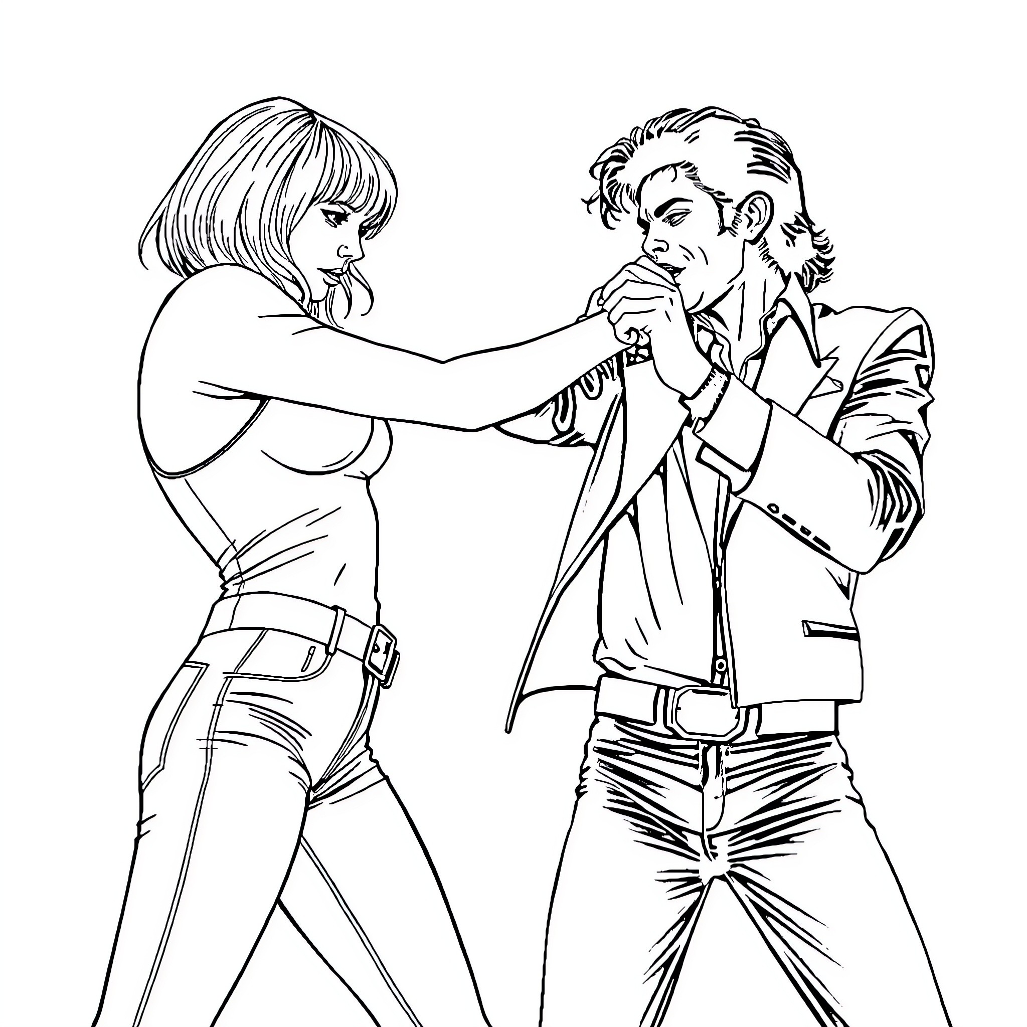 Michael Jackson and female companion in stylized pose Coloring Page (free black-and-white line drawing printable PDF for all, from beginners to advanced learners, including children, teens, adults, and seniors)