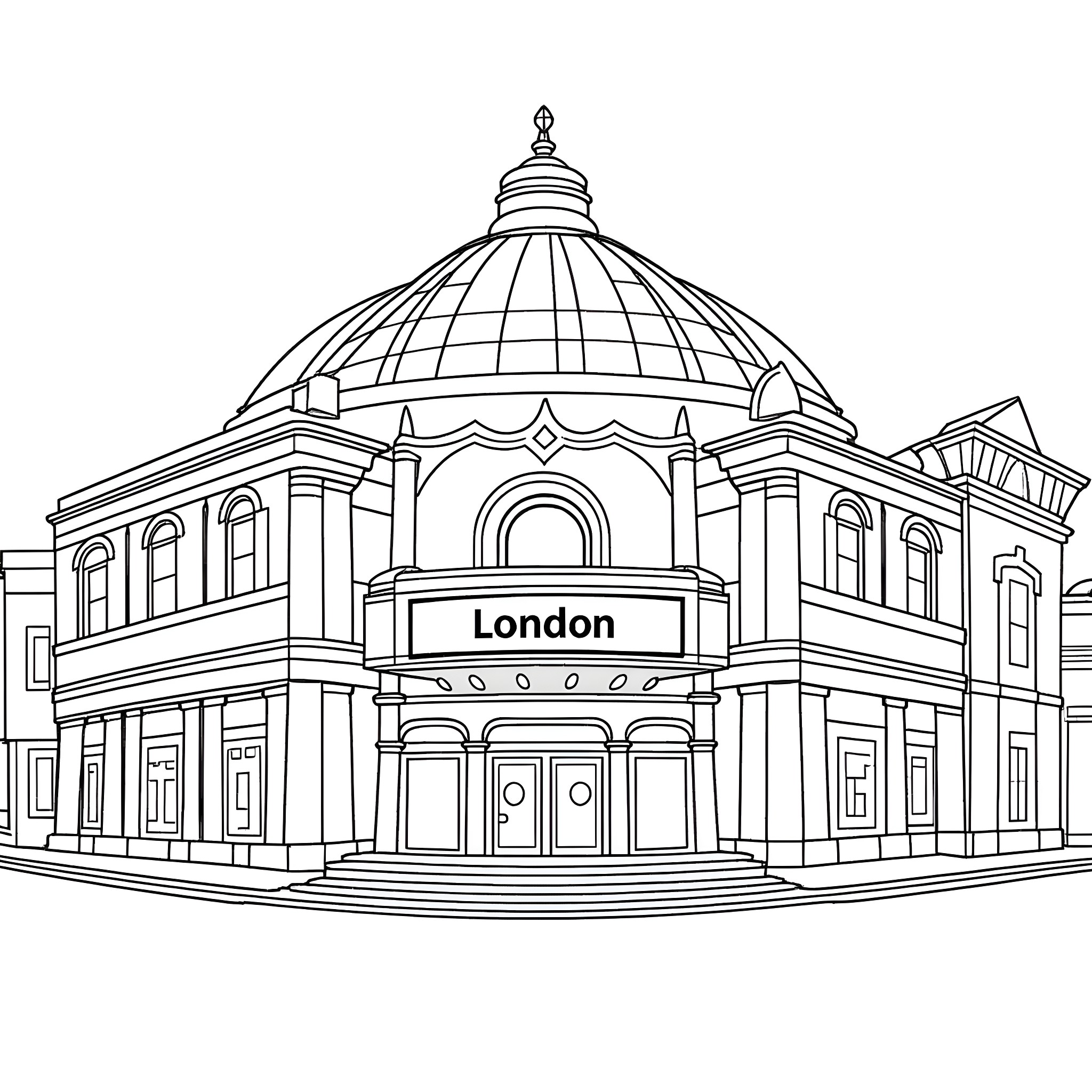 London Palladium - Iconic Architecture and Entrance Coloring Page (free black-and-white line drawing printable PDF for all, from beginners to advanced learners, including children, teens, adults, and seniors)