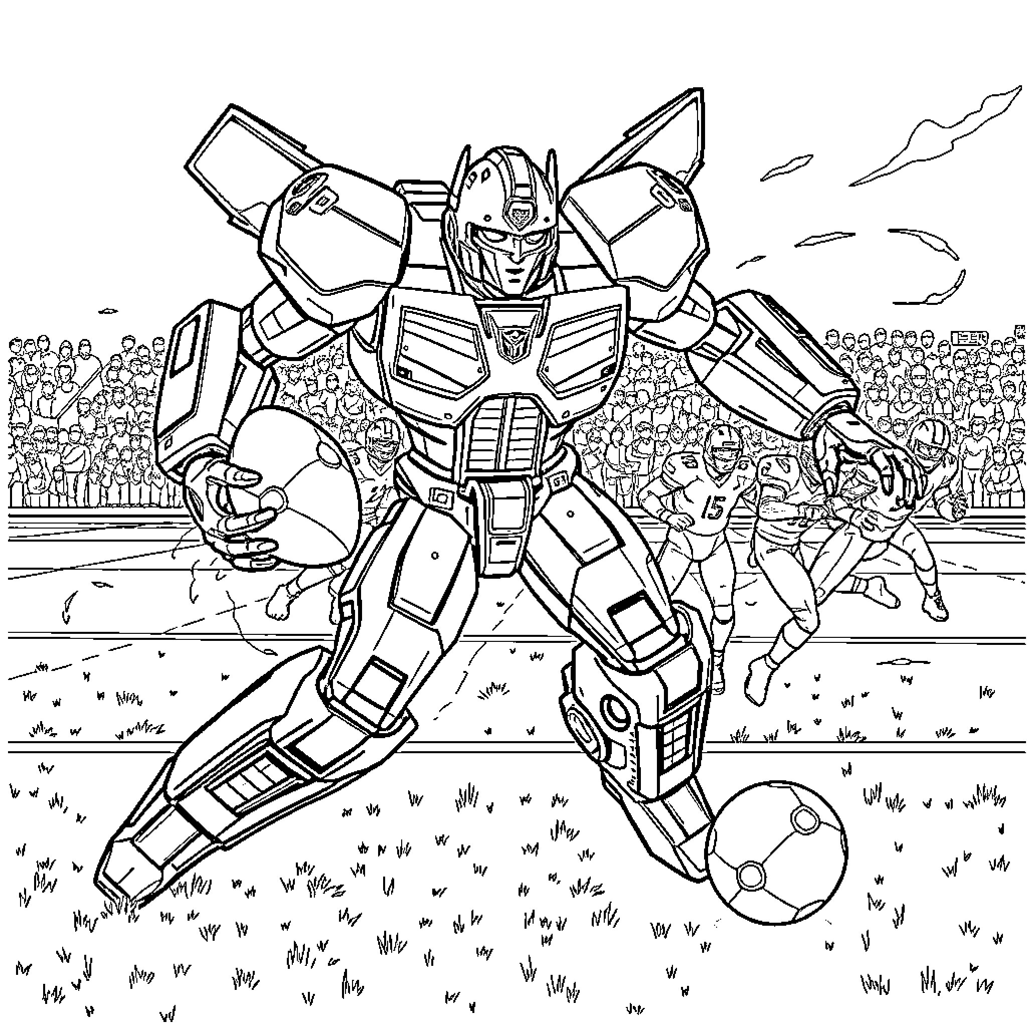Bumblebee playing sports with a crowd Coloring Page (free black-and-white line drawing printable PDF for all, from beginners to advanced learners, including children, teens, adults, and seniors)
